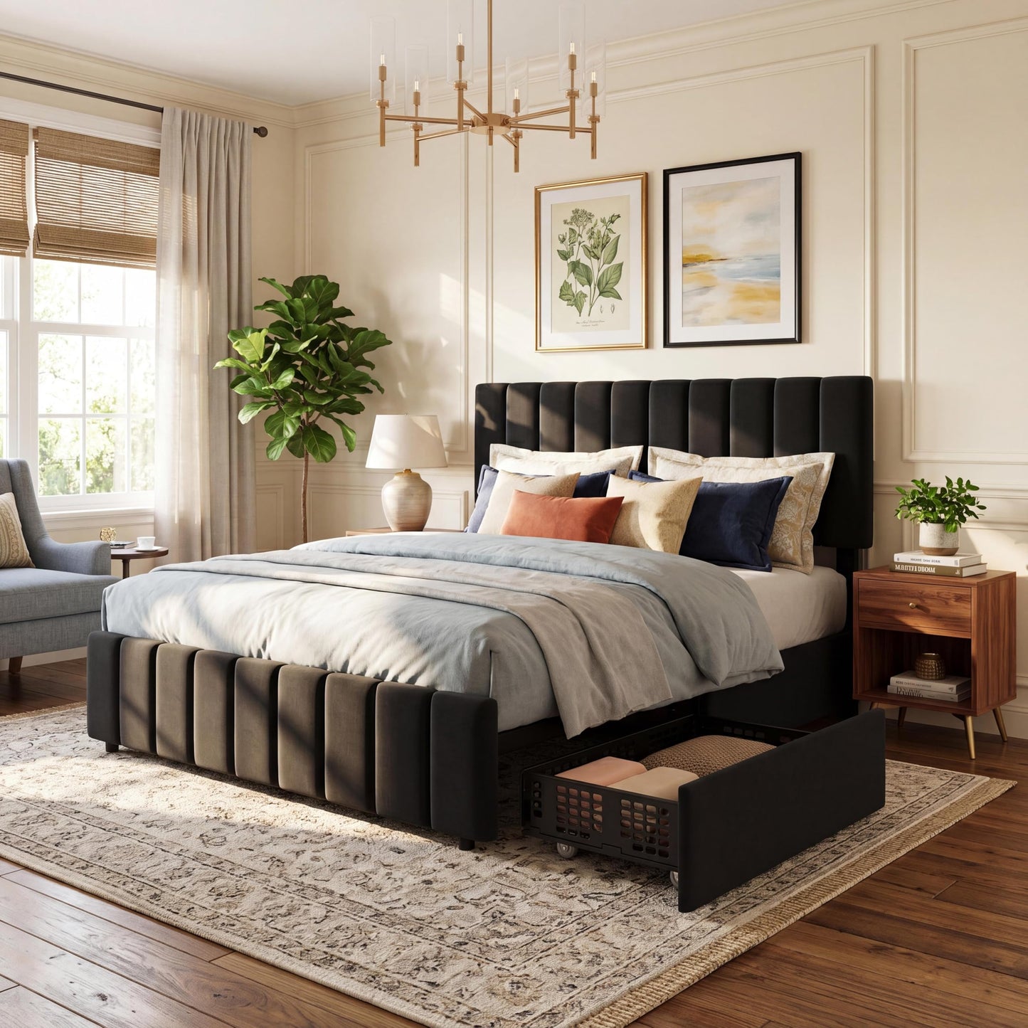 GarveeHome King Size Bed Frame with 4 Storage Drawers, Linen Upholstered Platform Bed Frame, Adjustable Height Headboard, No Box Spring Needed, Easy to Assembly, Black