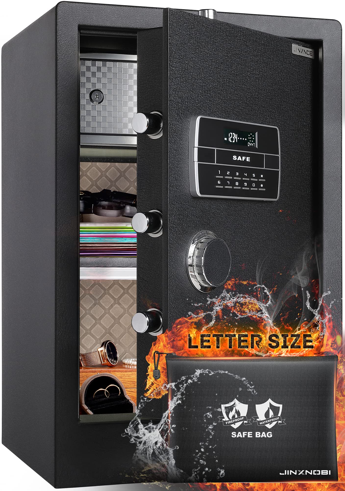 JINXNOBI Large Safe Box,4.2 Cubic Feet Home Safes with Fireproof Waterproof Safe Bag,27.6in Big Security Vault with Electronic Keypad Digital Lock for Home Office Hotel use