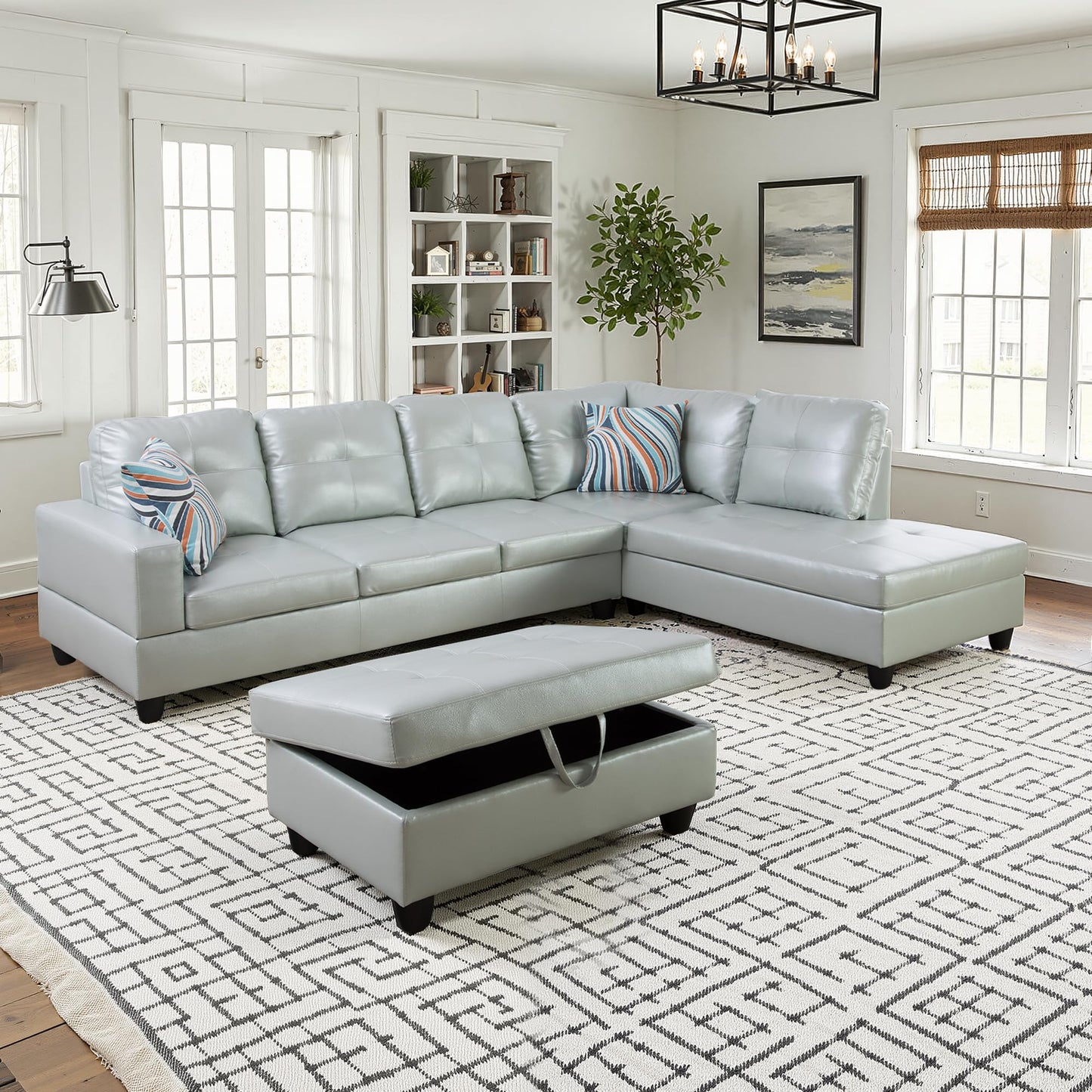 NicBex Sectional Couch 3 Pieces Sofa Set, L-Shaped Modular Couches for Living Room, Furniture Sets with Lounge Chaise & Storage Ottoman, Multi-Scene Use for Apartment & Office, Silver Green