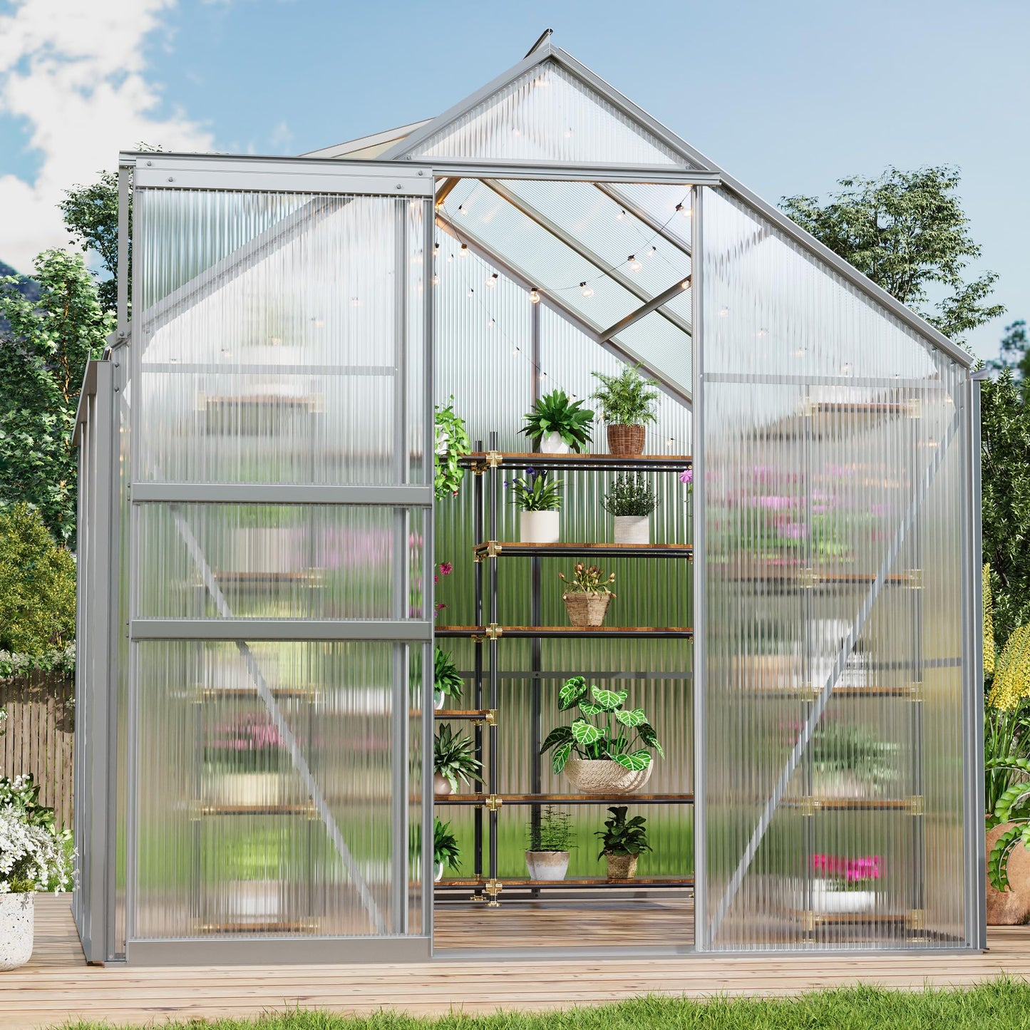 GarveeHome 6x6 FT Walk-in Greenhouse, Large Polycarbonate Green House with Sliding Door & Adjustable Roof Vent, Heavy-Duty Weatherproof Outdoor Greenhouse for Patio, Backyard, Garden