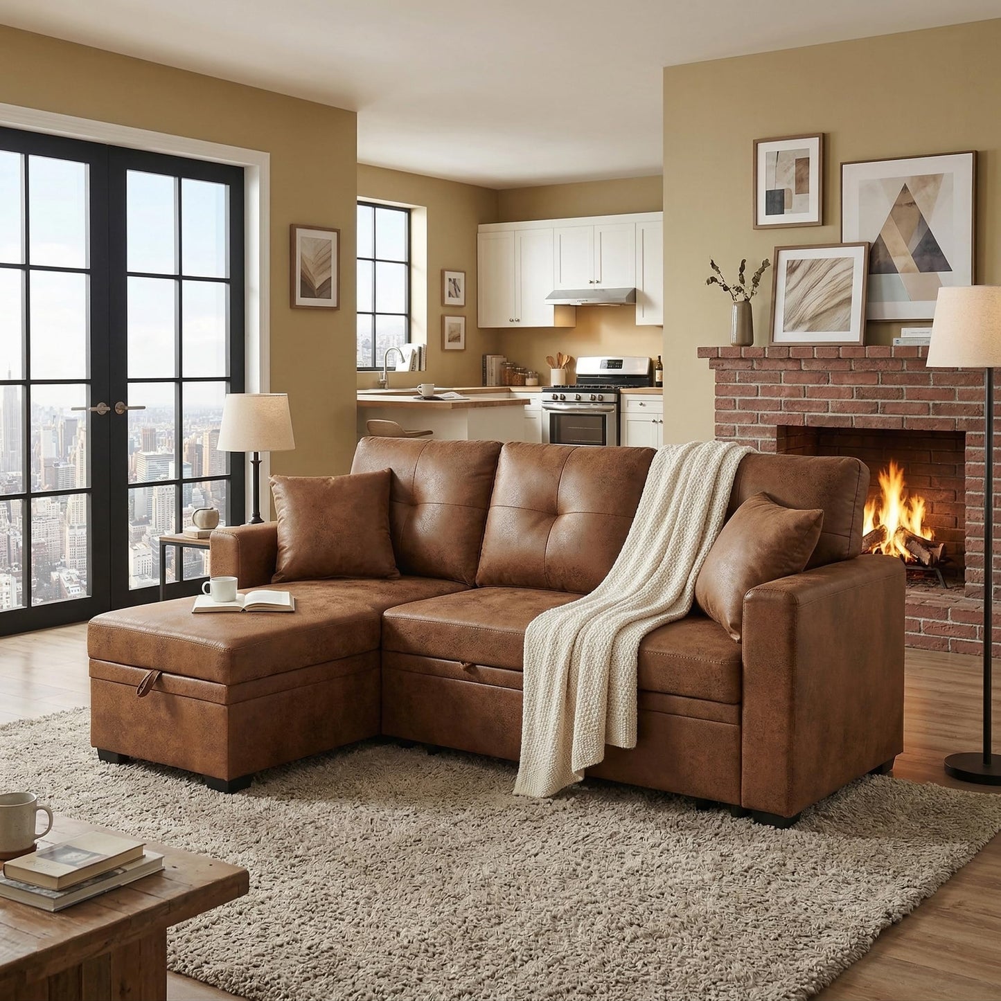 Eafurn Faux Leather Tufted Convertible Sleeper Sectional Sofa Bed, 3 Seater L Shaped Reversible Pull Out Sectional Couch Bed with Chaise Lounge and Storage for Living Room Corner