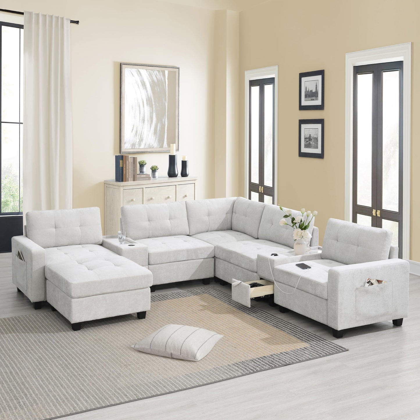 ERYE 104-Inch Oversized Tufted Corner Sectional Sofa 6 Seat Modular Convertible Sofa Couches W/Charging Station, Movable Ottoman, Storage Console,Drawers for Home/Apartment