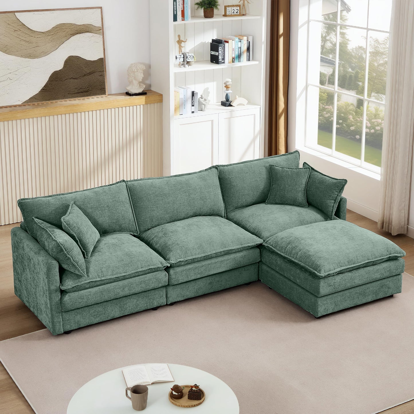 Eafurn Oversized Reversible Modular Sectional Sofa with Movable Ottoman, 4 Seater Convertible L Shaped Corner Couch Modern Chenille Sofa Set w/Double Layers Seat Cushions for Living Room Apartment