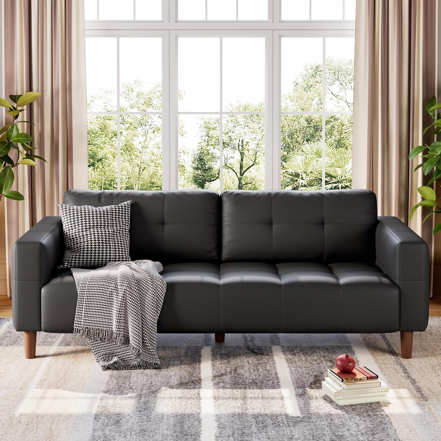 IDEALHOUSE 83” Black Faux Leather Couch, 3 Seater Sofa Couches with 2 Removable Back Cushions for Living Room, Large Mid Century Modern Office Apartment Couch (Black)