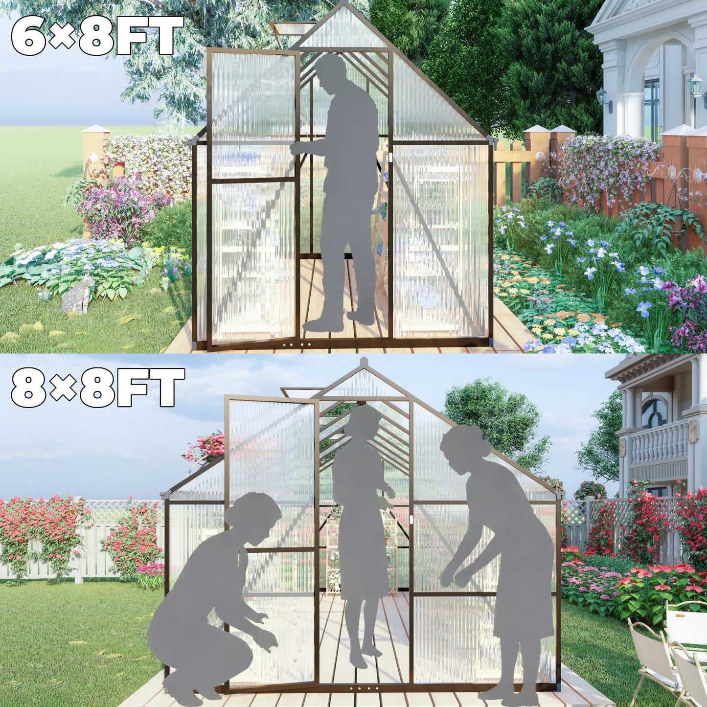 Fly by Yan 8x8 FT Greenhouse for Outdoors, Polycarbonate Greenhouse with Quick Setup Structure and Roof Vent, Aluminum Large Walk-in Green House for Outside Garden Backyard, Dark Gray