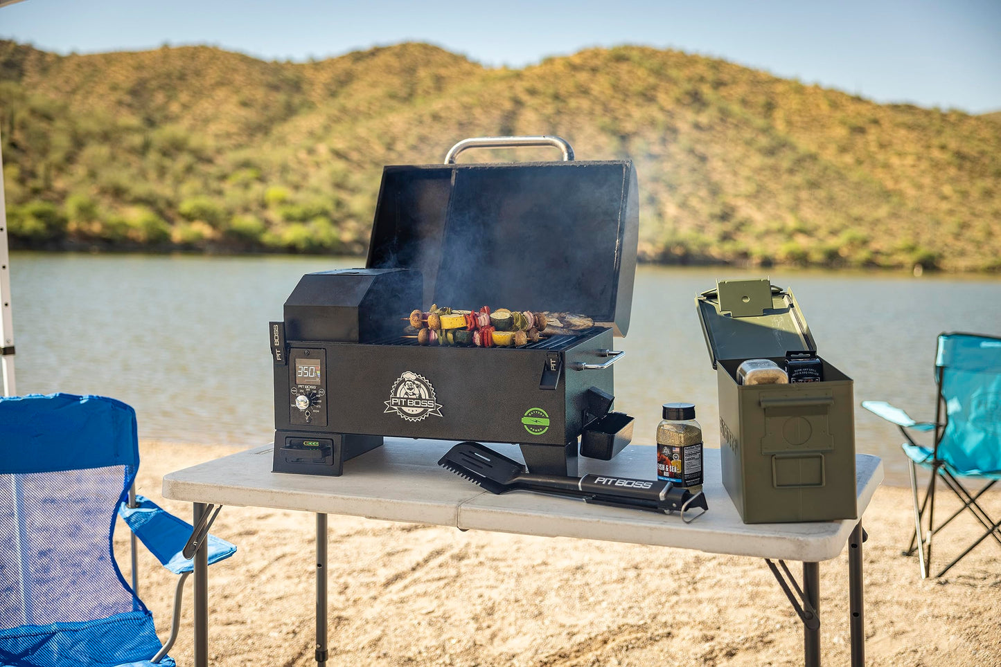 Pit Boss 150 Battery Powered Wood Pellet Grill & Smoker with Flame Broiler 256-Sq. In. Cooking Space, 180°F to 500°F Temperature Range, 7 lb. Pellet Hopper, for Tailgating, Camping, or Travel, Black