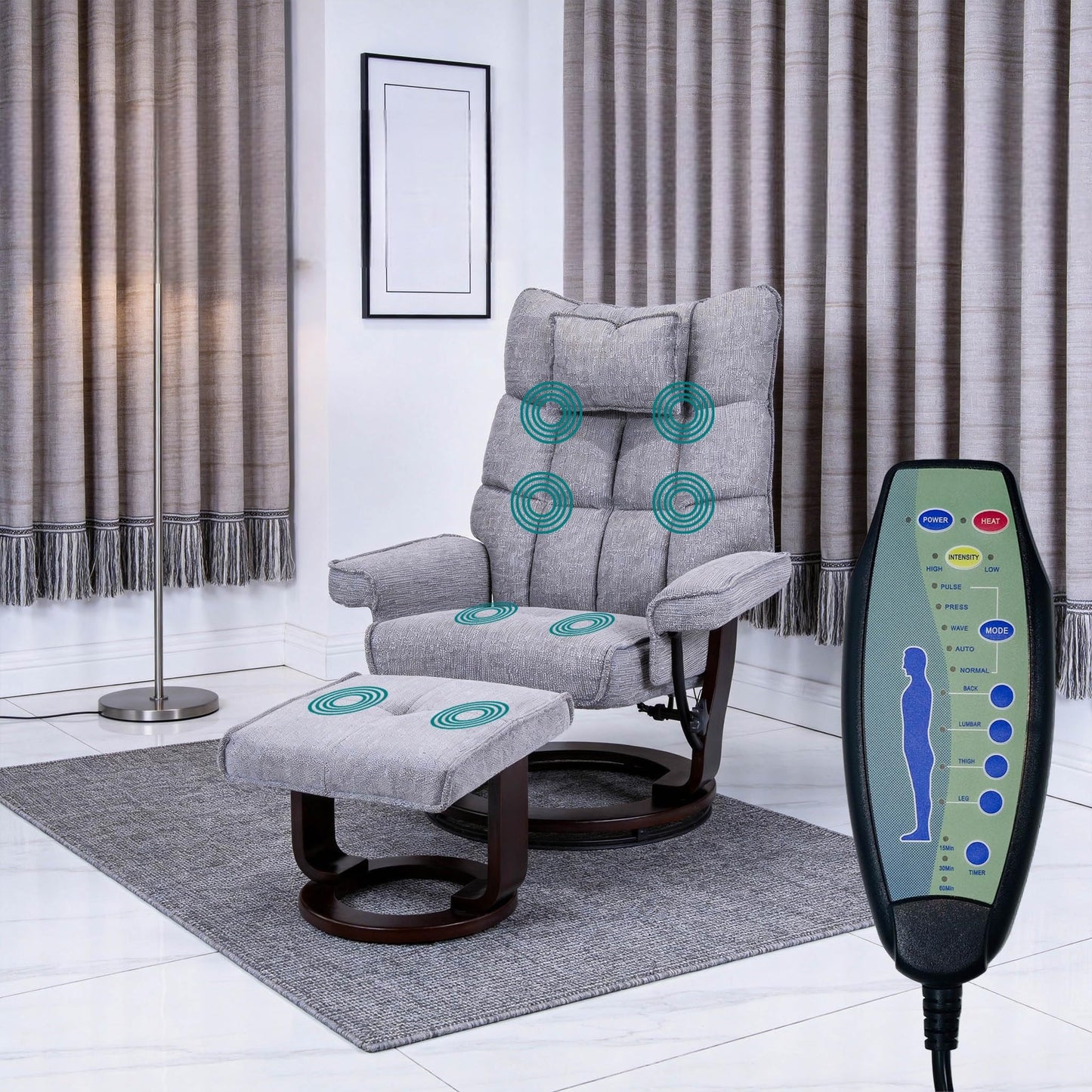 Trygoal Massage Recliner Chair with Ottoman, 360° Swivel Ergonomic Chenille Reclining with 8 Vibration & Heating Points, 135° Lounge TV Chair with Bent Wood Base & Headrest for Living Room, Grey