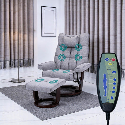 Trygoal Massage Recliner Chair with Ottoman, 360° Swivel Ergonomic Chenille Reclining with 8 Vibration & Heating Points, 135° Lounge TV Chair with Bent Wood Base & Headrest for Living Room, Grey