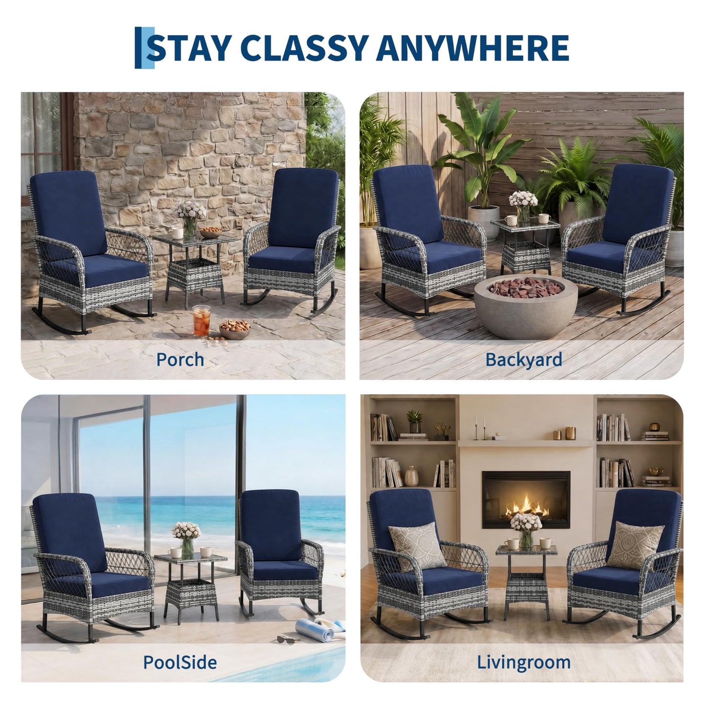 GarveeHome 3-Piece Outdoor Rocking Chair Set, Wicker Rattan Patio Furniture with Glass-Top Coffee Table, Modern Conversation Seating with Cushions for Porch, Backyard (Gary Rattan & Blue Cushion)