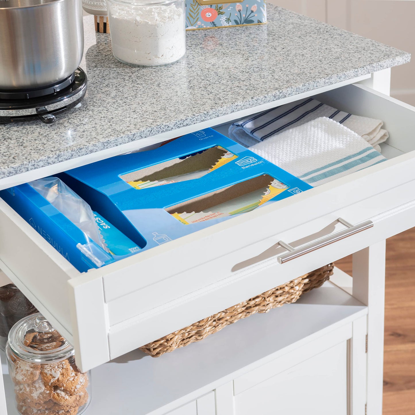 Linon Kyler White Granite Topped Kitchen Cart with Lockable Casters and Hidden Storage Spaces