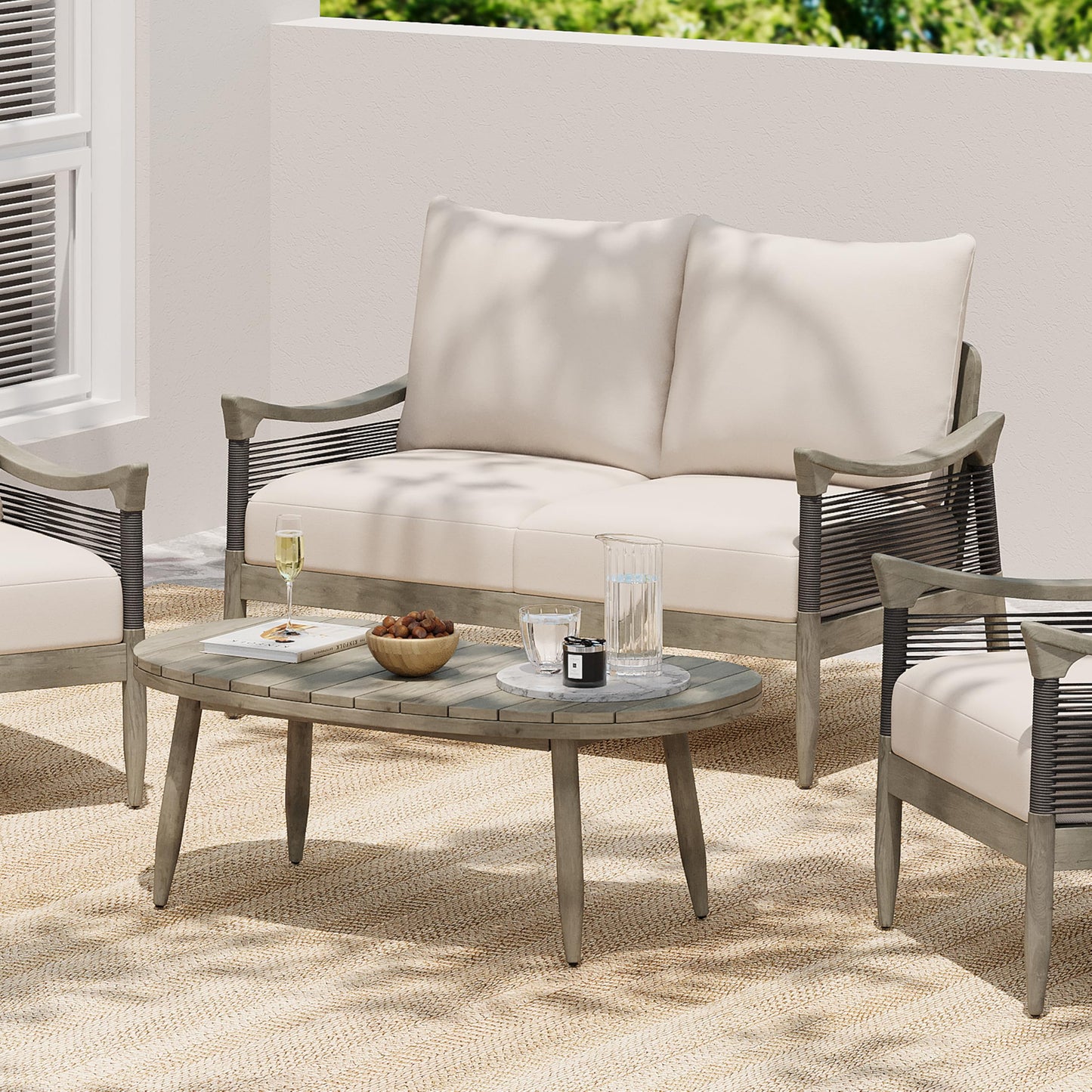 Christopher Knight Home Havets 2 Piece Patio Conversation Sets, Outdoor Acacia Wood Patio Seating Group,Woven Rope Loveseat with Cushions and Coffee Table for Porch Garden Backyard Balcony, Gray+Beige