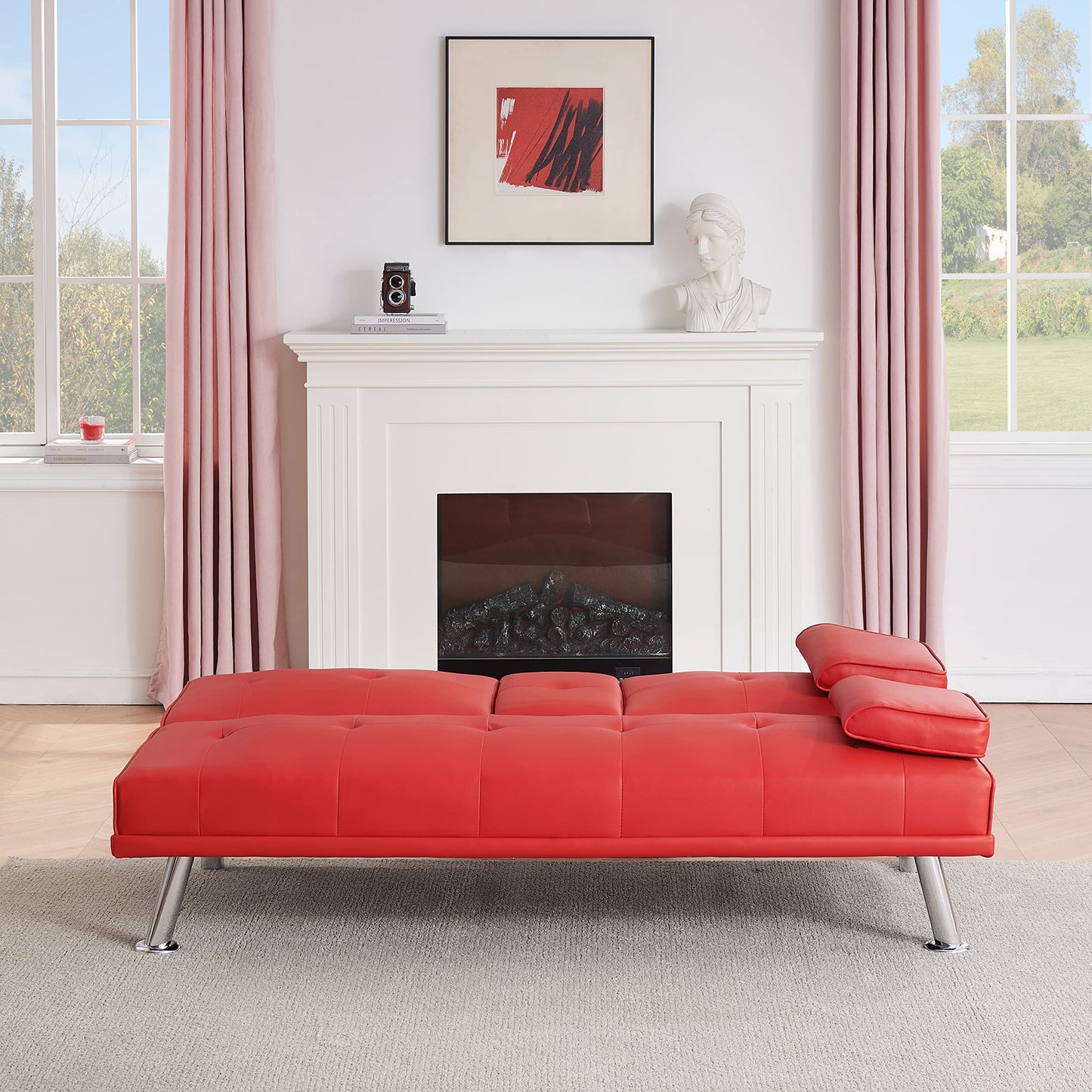 KEIKI 67" Leather Folding Futon Sofa w/Cup Holder & Adjustable Backrest, Mid Century Modern Couch Loveseat Convertible to Sleeper Bed, Comfy Cloud Couch SofaBed for Living Room & Bedroom, Red