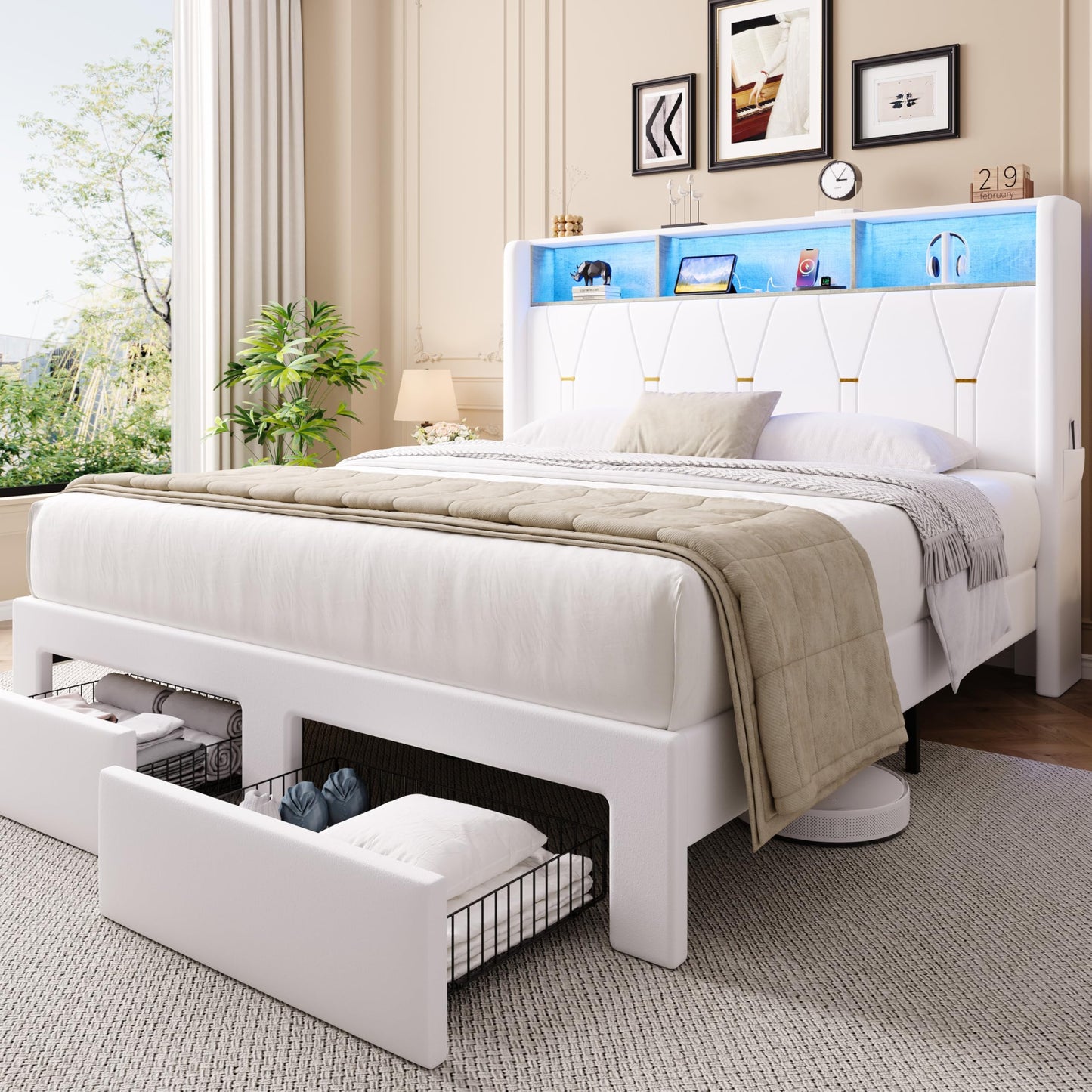 Allewie Full Bed Frame with 2-Tier Storage Headboard, Charging Station & LED Lights, Velvet Upholstered Platform Bed with 2 Drawers, Wingback Headboard, Gold Button Tufted, No Box Spring Needed, White