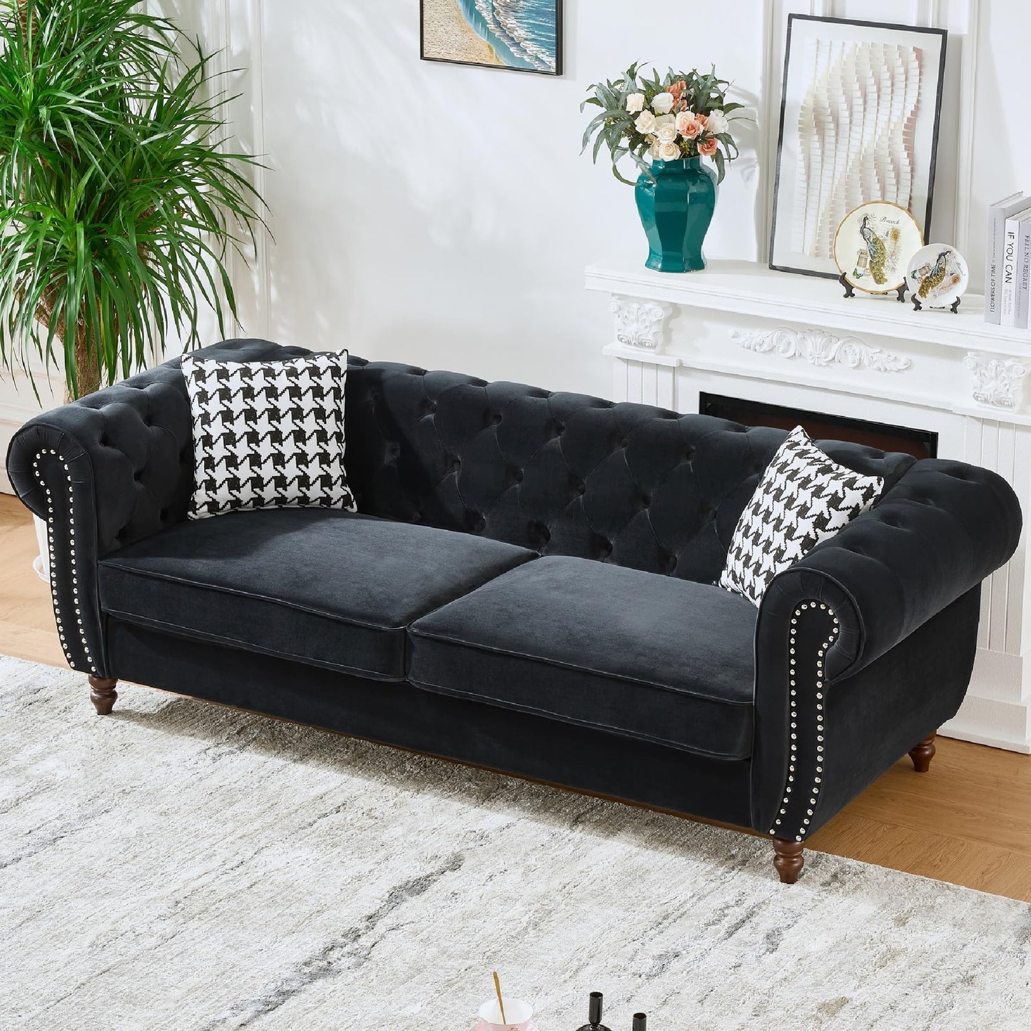 KEIKI 89" ‌Chesterfield Velvet Sofa, Mid Century Modern 3 Seater Couch w/Roll Armrest & Nailhead, Comfy Upholstered Sleeper Cloud Couches SofaBed for Office Apartment Living Room, Easy Assembly, Black