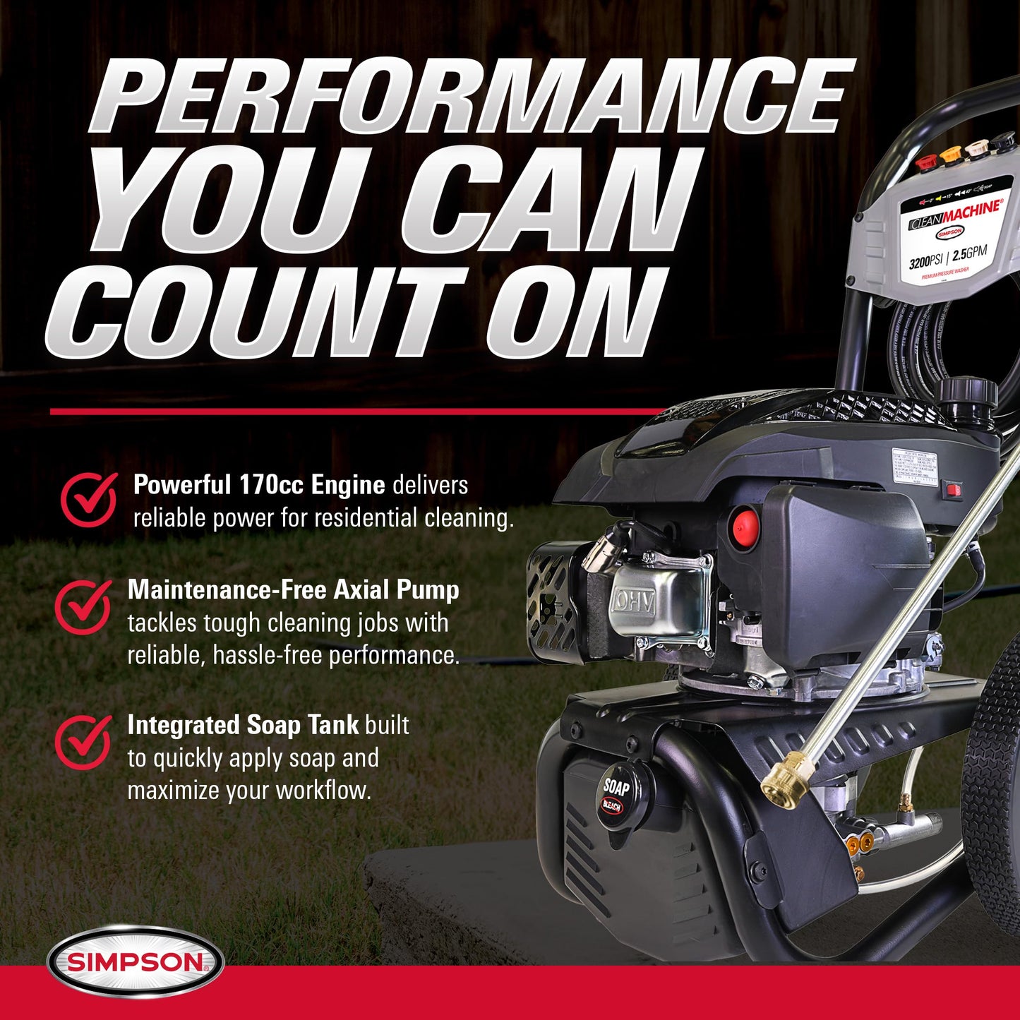 Simpson Cleaning 3200 PSI Gas Pressure Washer, 2.5 GPM Residential Power Washer with Soap Tank and Turbo Nozzle, 25' Hose, Clean Machine, 49-State (CM61456)