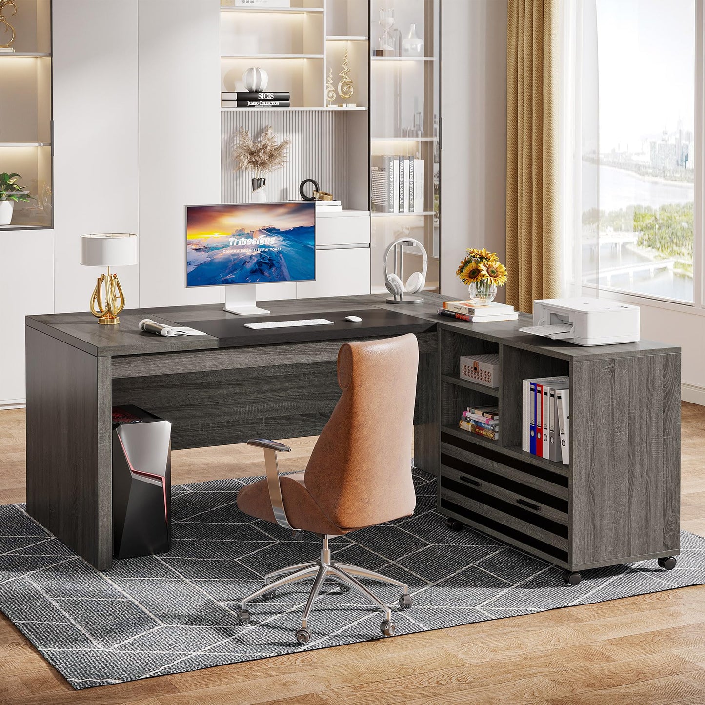 Tribesigns 62.2" Executive Desk with Mobile File Cabinet, L-Shaped Office Desk with Storage Shelves, Large Computer Table Business Workstation Set for Home Office, Grey