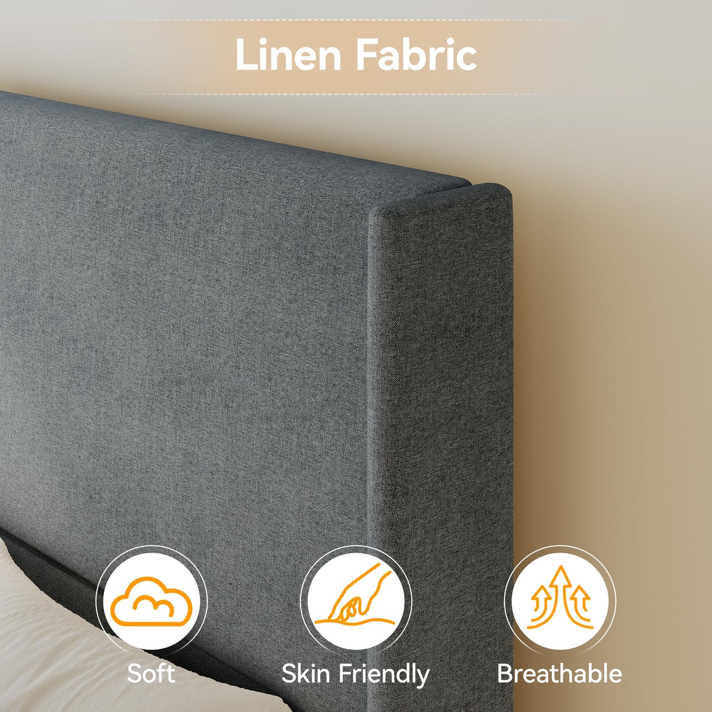 CarterChairr Queen Size Bed Frame Linen Fabric Upholstered Platform with 55.51" Tall Headboard Wingback and Wooden Slats Support, Non-Slip, No Box Spring Needed, Easy Assembly, Beige