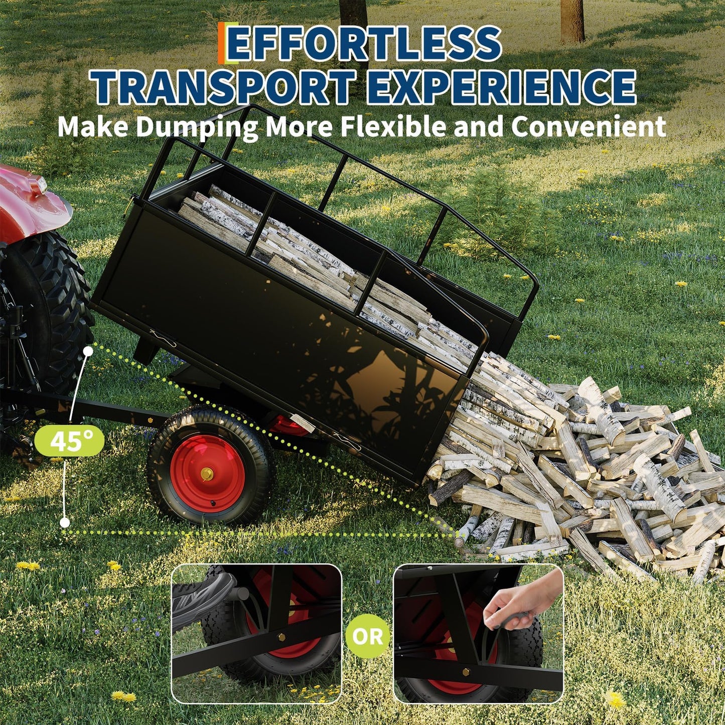 PeakPursuit Tow Behind Steel Dump Cart, Heavy Duty Yard Garden Trailer with Removable Sides & All Terrain Tires, Fits Lawn Mower, Tractor, Garden Cart, 750 lbs 17 Cubic Feet, Black