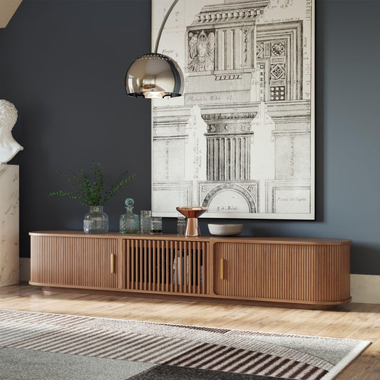 POVISON Fully-Assembled Mid-Century Modern Tambour Door TV Stand, Wood TV Console, Entertainment Center with Storage for 85+ inch TV, Media Console for Living Room