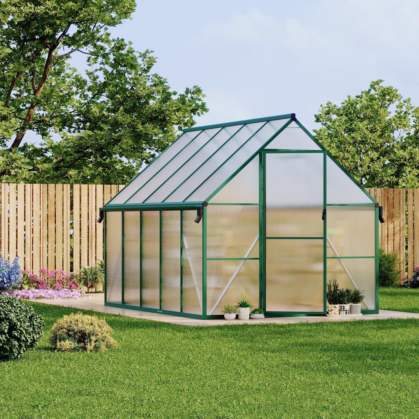 8x10 FT Outdoor Polycarbonate Greenhouse, Aluminum Frame Walk-in Greenhouse with Ventilation Windows & Rain Gutters, Heavy Duty Green House for Backyard Garden Patio Plant Growing
