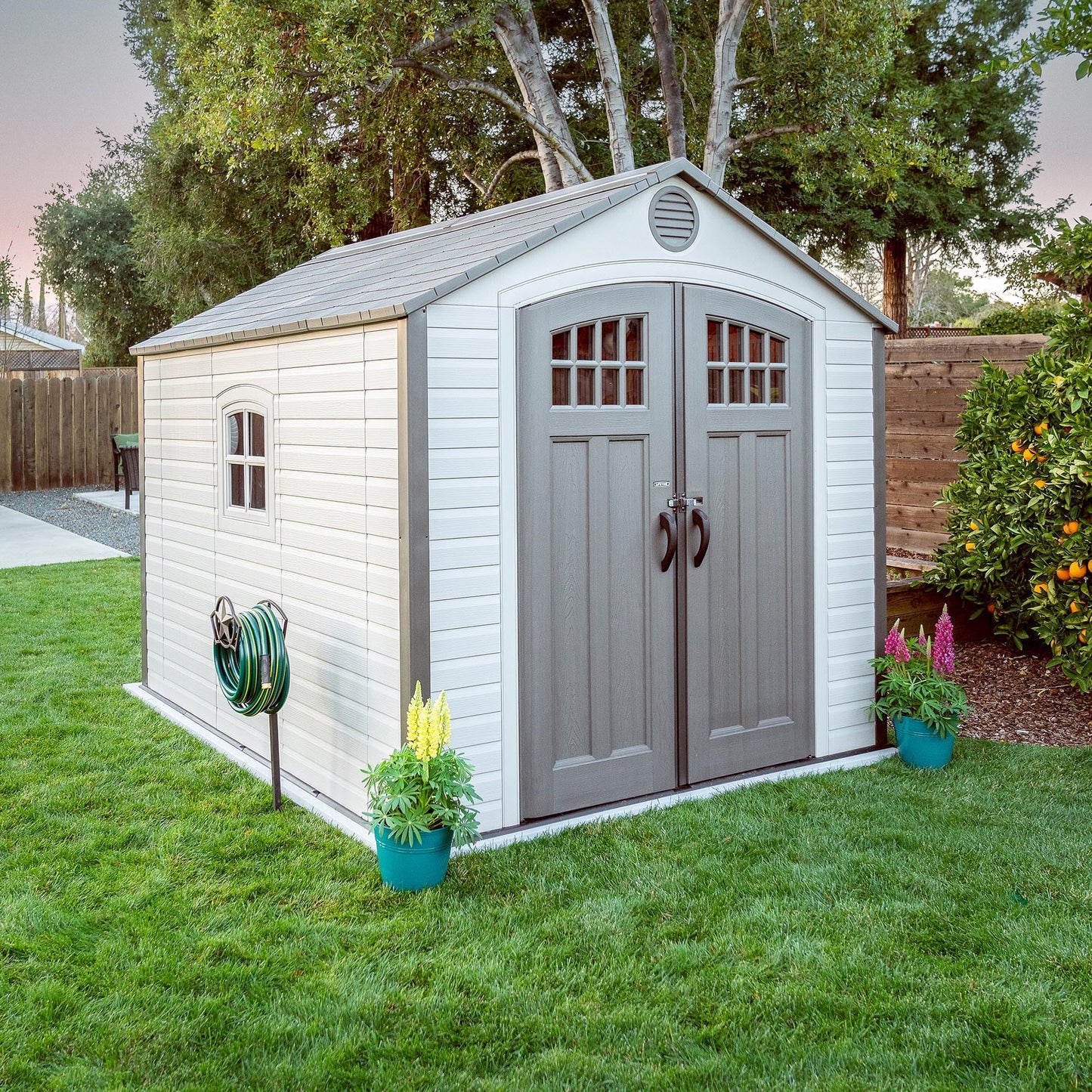 Lifetime 8 x 10 Ft Outdoor Storage Shed, Dual-Wall HDPE Construction, Steel-Reinforced, Skylight and Window, Lockable Doors, Vents, UV-Protected, Desert Sand