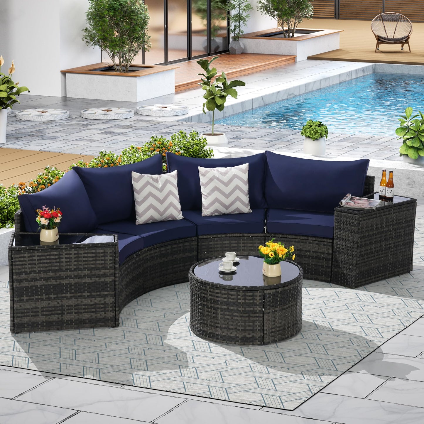 KEIKI 7-Piece Half-Moon Outdoor Patio Furniture Set, Rattan Patio Conversation Set with Coffee Table & 2 Sofa Side Table & 4 Curved Armless Sofa, Wicker Curved Sectional Sofa Set, for Backyard, Blue