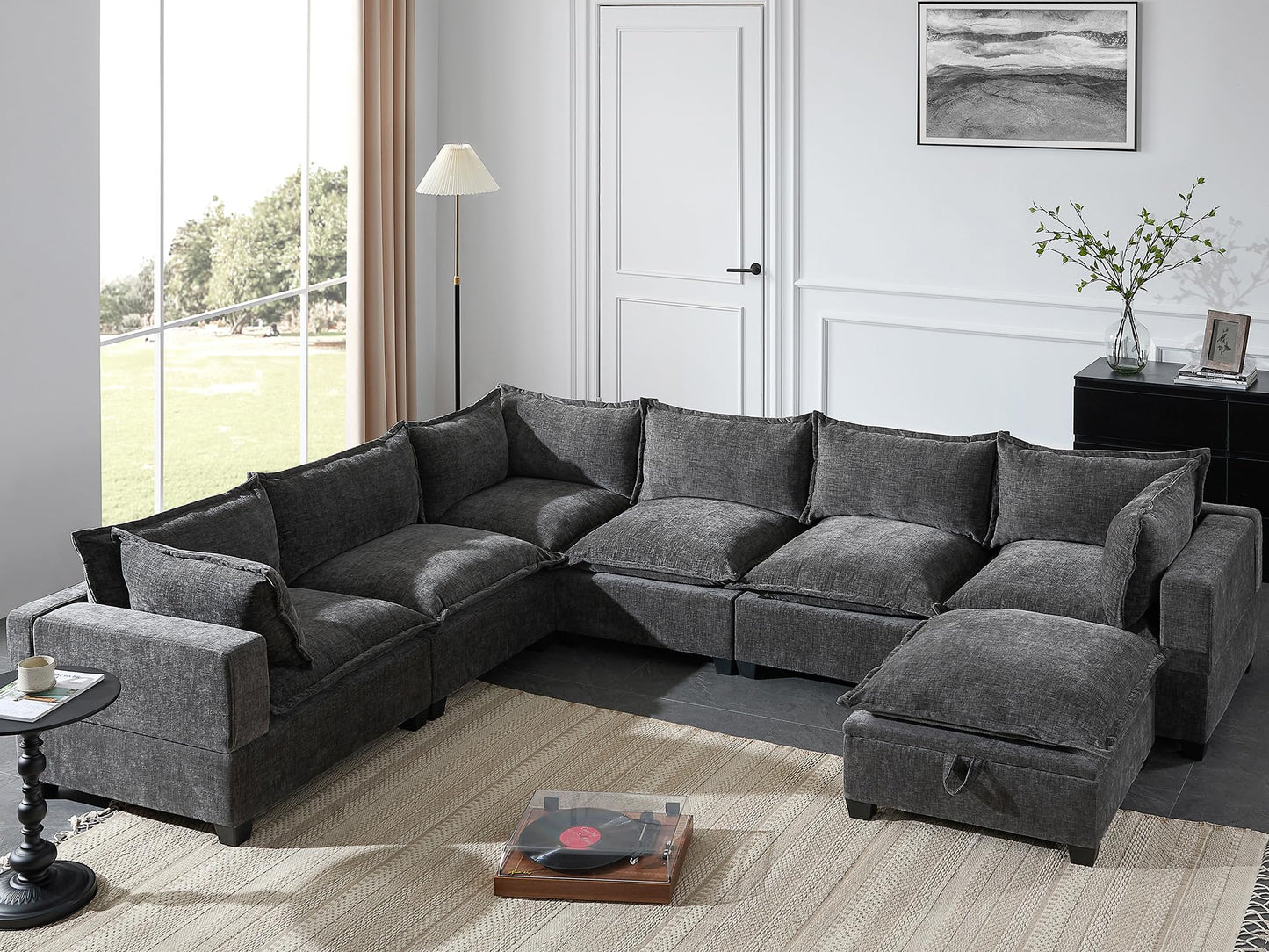 Merax Modern Oversized U-Shaped Sectional Sofa with Piollows & Chaise Lounge, Chenille 7-Seat Couch Set Sleeper Bed with Storage Ottoman for Living Room Gray