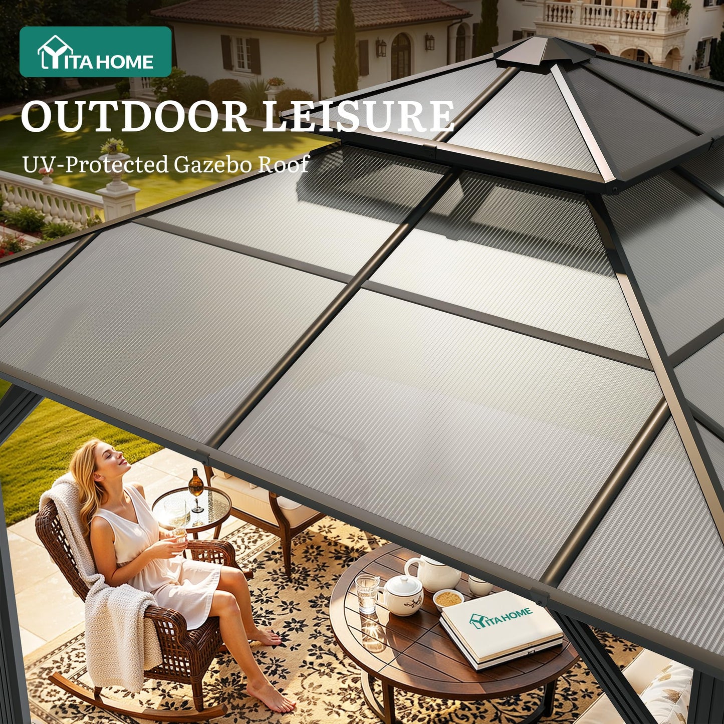 YITAHOME 10X10FT Polycarbonate Hardtop Gazebo Outdoor Patio Double Top Canopy Galvanized Iron Metal Column Garden Tent Curtains Netting for Backyards Decks Lawns,Gray