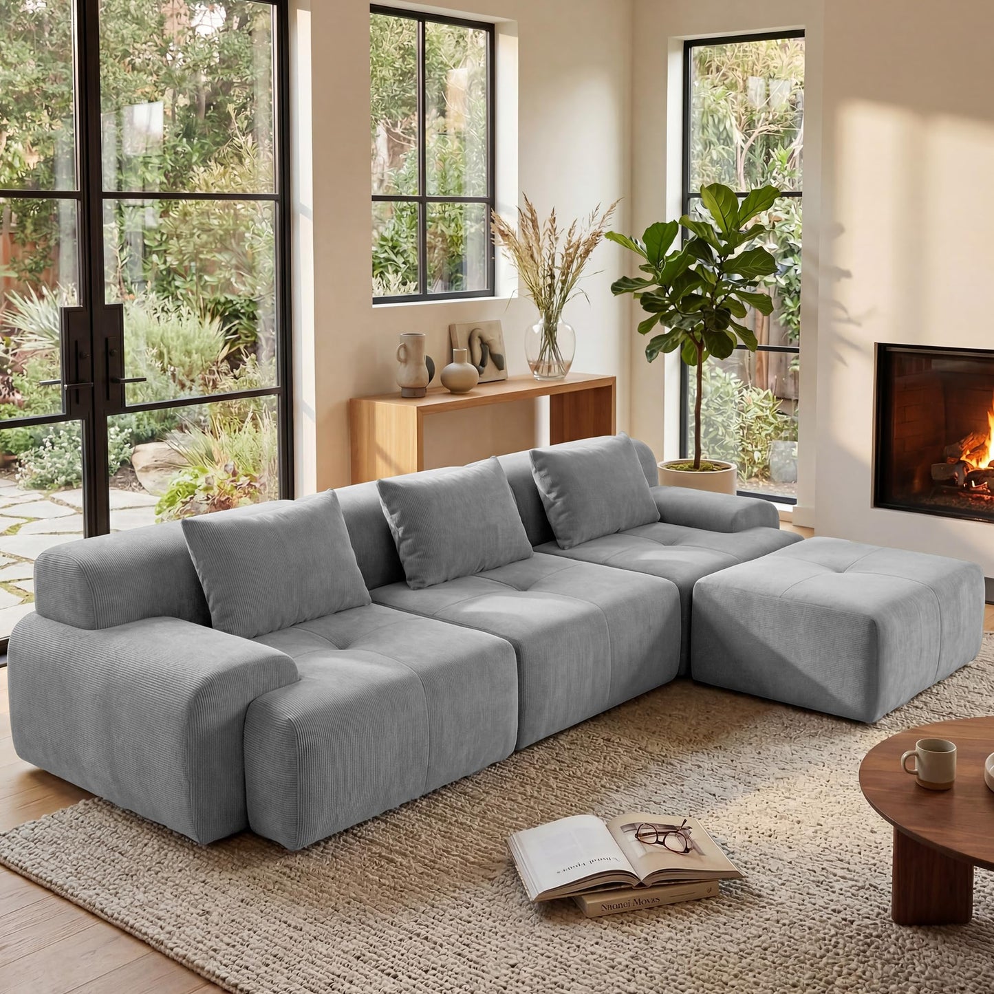 GRUSIGN 108'' Modular Sectional Boneless Couch, Tufted Cloud Sectional Couches for Living Room, L Shape Deep Seat Sofa with Ottoman & 3 Throw Pillows,Corduroy Oversized Couch,Light Grey