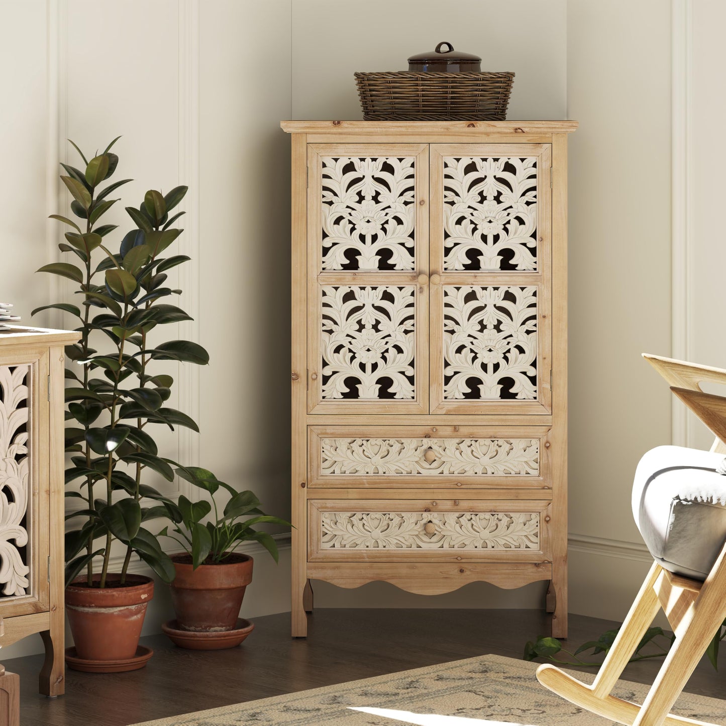 Aoikax 48" Boho Farmhouse Hollow Carved Pantry Cabinet with 2 Drawers
