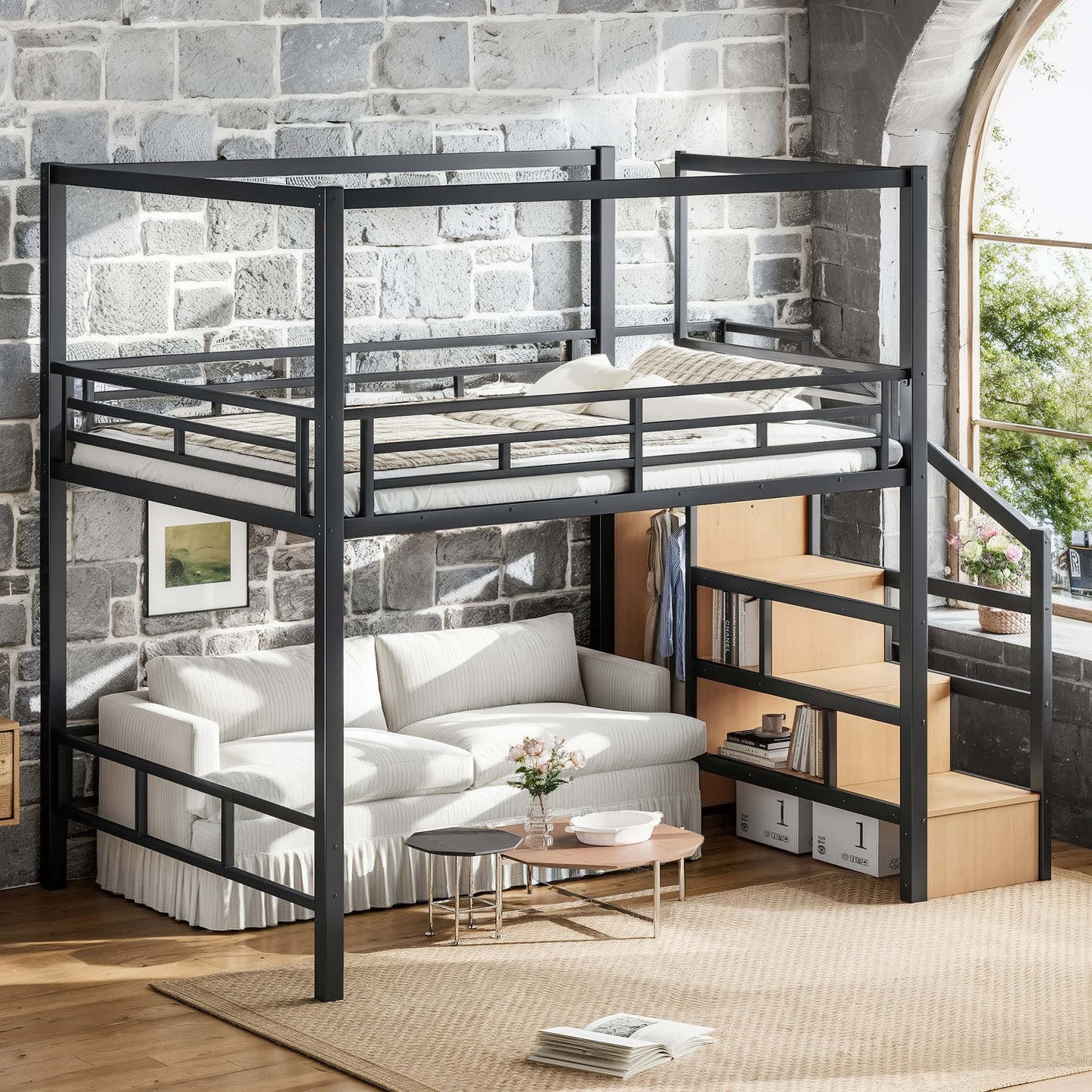 Bellemave Queen Size Loft Bed Frame with Storage Stairs and Wardrobe, Queen Size Game Loft Bed with Canopy Frame, Heavy Duty Loft Bed for Adults Teens Black