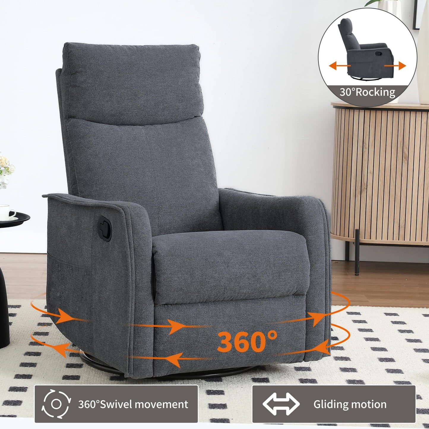 KEIKI 4-in-1 Manual Swivel Rocker Recliner Chair for Home Living Room, Polyester Chair with Back Massager & Heat, Home Theater Seating with Lumbar Support, Tool Free Assembly for Any Space, Grey