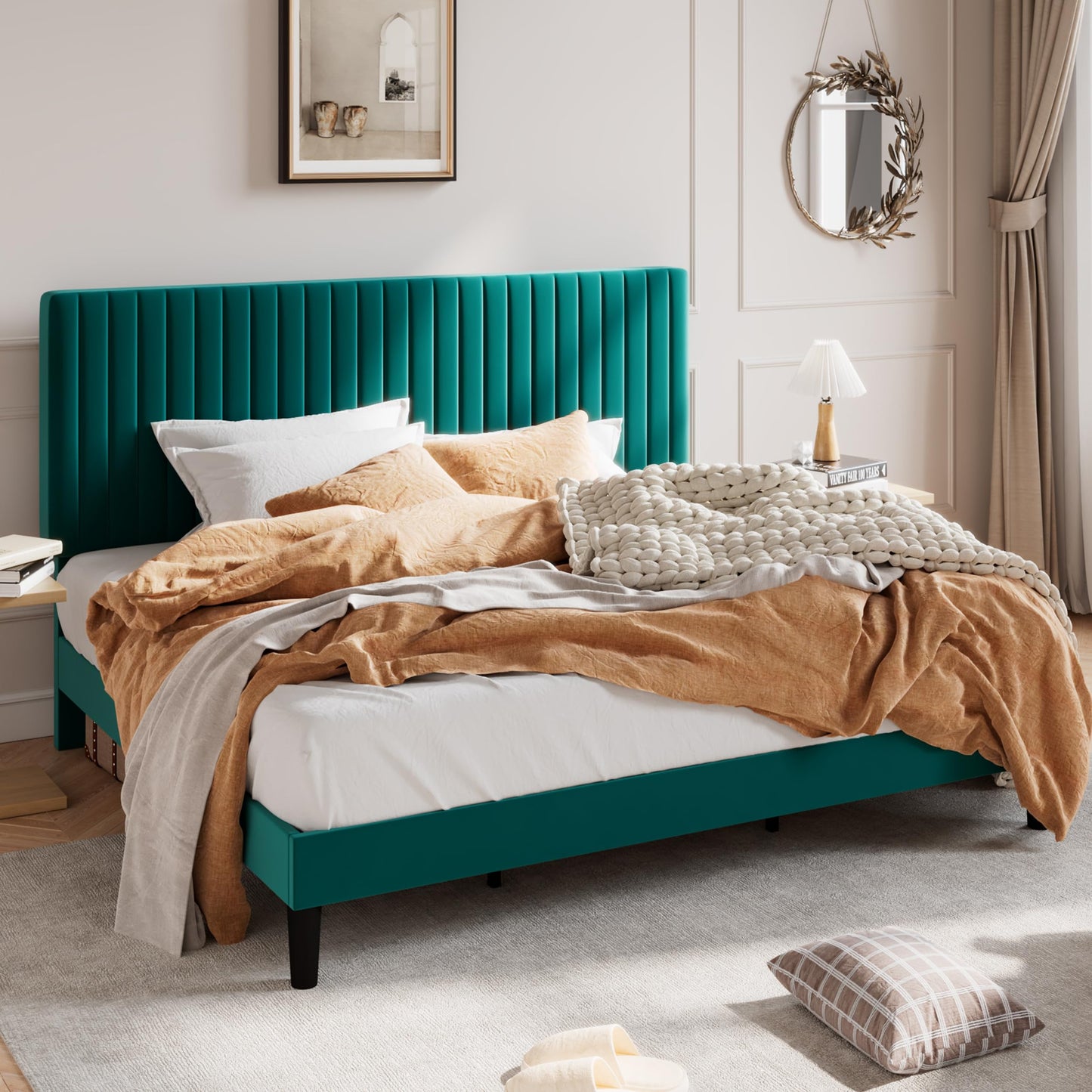 SHA CERLIN King Upholstered Platform Bed Frame with Vertical Channel Tufted Velvet Fabric Adjustable Headboard, Wooden Slats Support, Mattress Foundation, Box Spring Optional, Teal