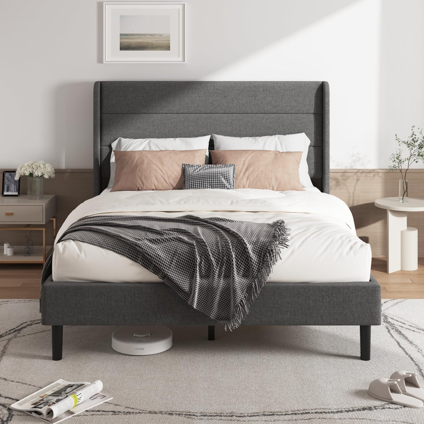 Mxhtcewz Full Size Upholstered Platform Bed Frame, Modern Linen Fabric Bed with Wingback Headboard, Sturdy No Wobble, Noise-Free & Easy Assembly, No Box Spring Needed, Gray