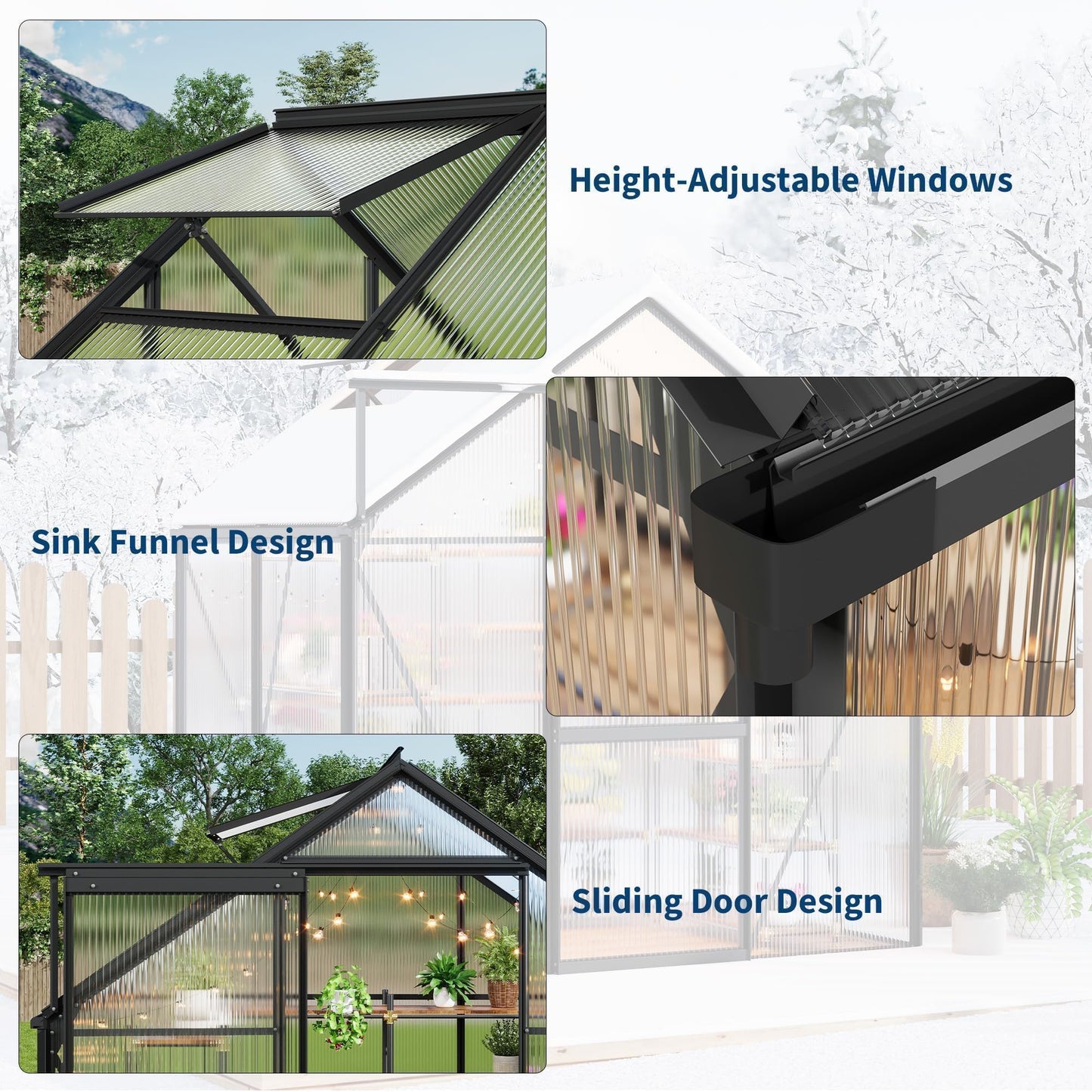 COZONY Heavy Duty Aluminum Frame Walk-in Greenhouse, 6x4 FT Polycarbonate Panels - Sliding Door, Adjustable Roof Vent, Rain Gutter - Sturdy Outdoor Greenhouse for Backyard, Patio, Garden - Color: