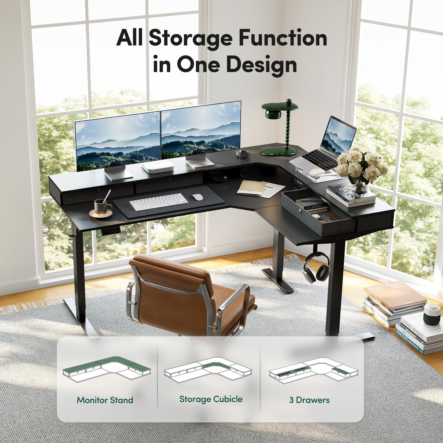 CubiCubi 63x48 Inches L Shaped Standing Desk with 3 Drawers and Monitor Shelf, Height Adjustable Corner Computer Desk with Hooks, Sit Stand Up Ergonomic Home Office Workstation Table, Modern Black
