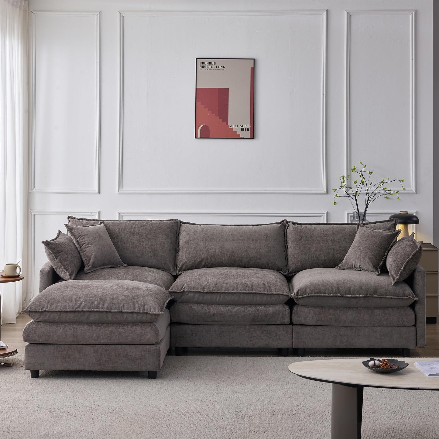 KEIKI 3 Seater Chenille Modular Sectional Couch Sofa with Ottoman, Double-Layer Seat Cushions & Back Cushions, Modern L-Shape Upholstered Cloud Soft Sofa Couches Chaise Lounge for Living Room