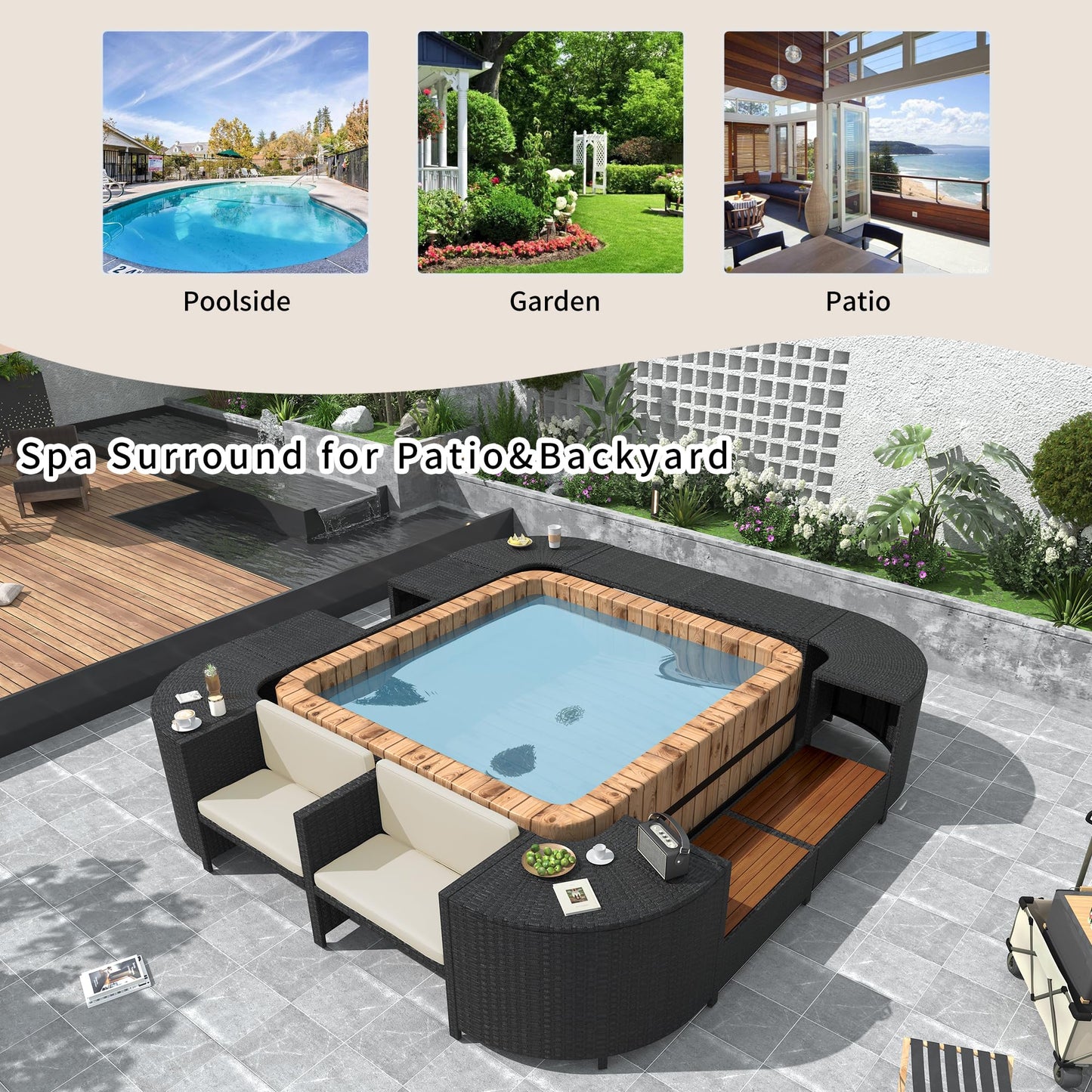 YOPTO Outdoor Waterproof Spa Surround Rattan Sectional Sofa Set with Mini Sofa,Wooden Seats and Storage Spaces Chaise w/Comfortable Cushion,Garden Furniture for Yard Pool Backyard,Beige