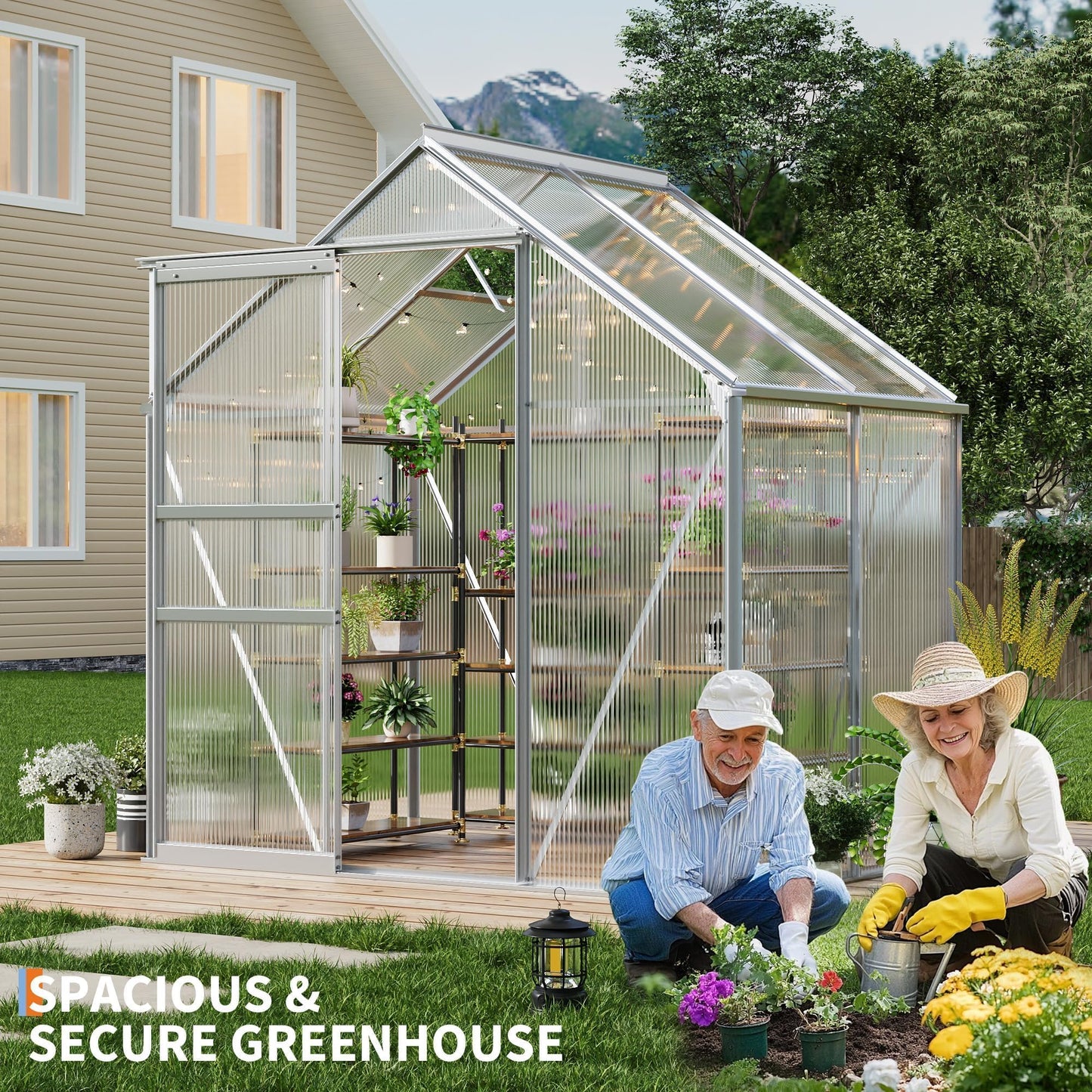 6x4 ft Greenhouse, Walk in Polycarbonate Greenhouses for Outdoors with Roof Vent&Sliding Door, Heavy Duty Green House with Aluminum Frame for Outside Garden Backyard, Patio, Lawn, Silver
