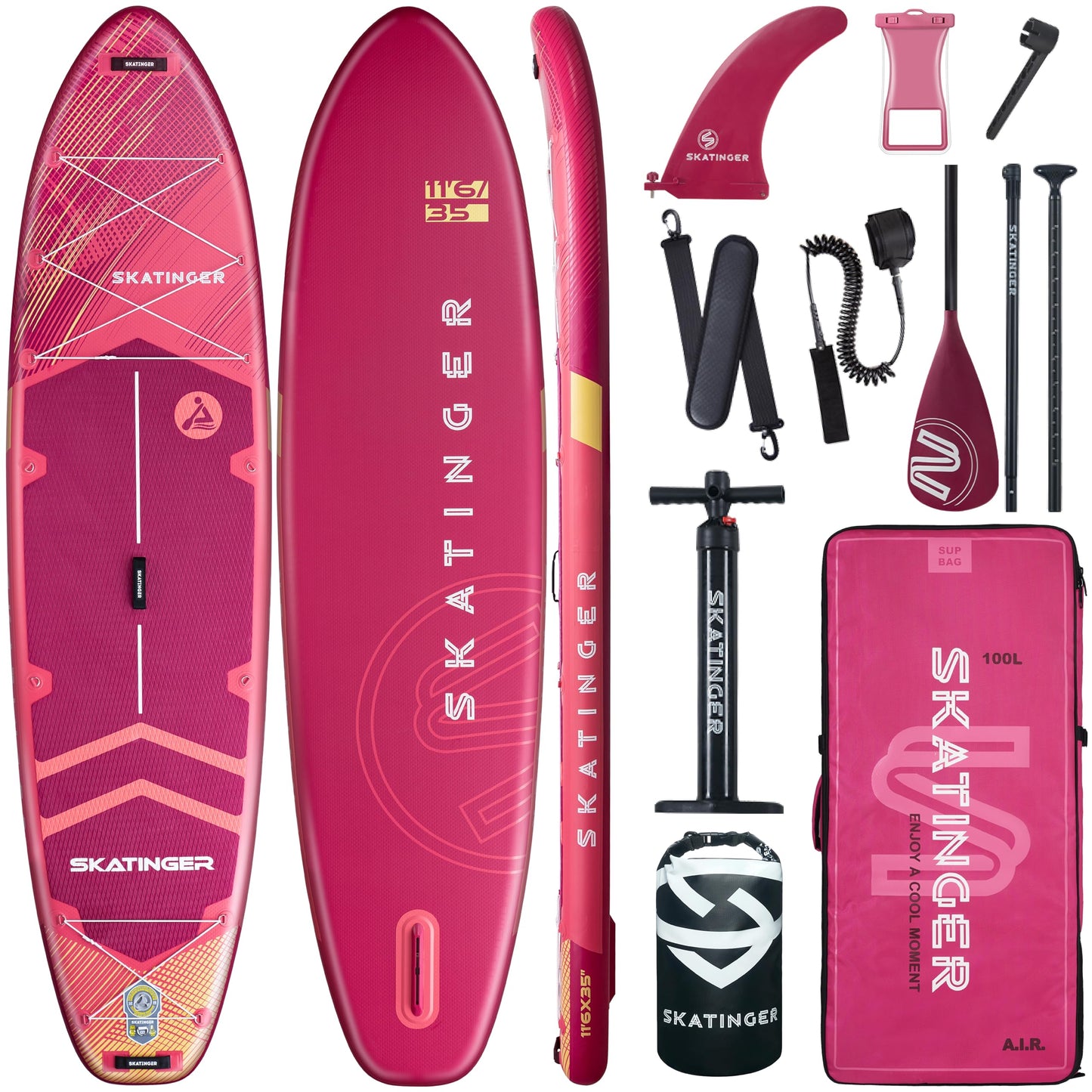 Skatinger 11'6×35" Super Wide Inflatable Paddle Board, Ultra Stable Stand Up Paddleboards for 450lb/3 People/Family/Big Size w/Shoulder Strap, 100L Backpack, All-Round Sup Board, US Fin