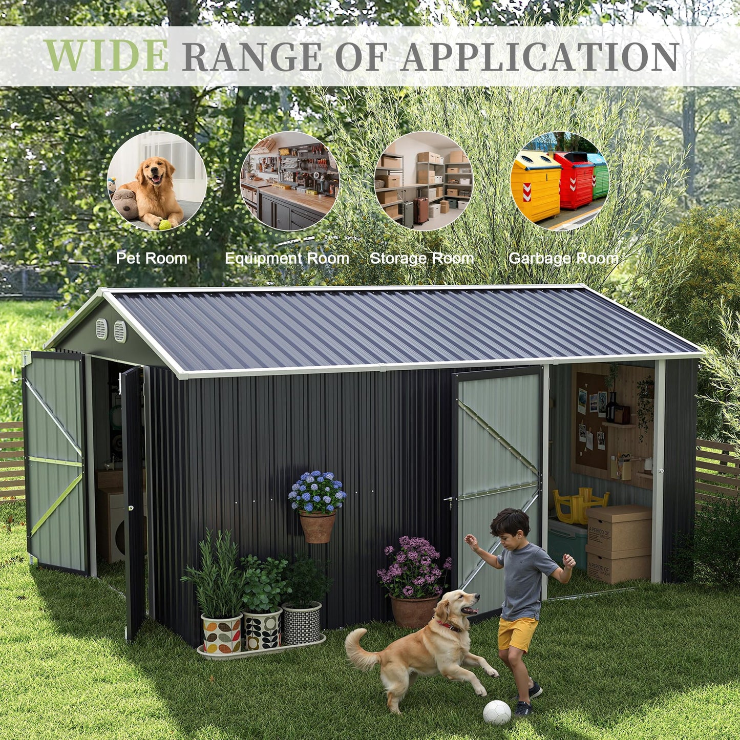 KEIKI 10x12 FT Metal Outdoor Storage Shed, Heavy Duty Steel Garden Tool Shed with Lockable Doors, Window & Sloped Roof, Waterproof Backyard Patio Storage Building, Dark Gray