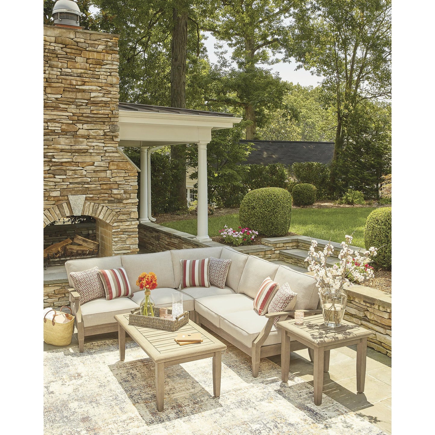 Signature Design by Ashley Clare View Symmetrical Contemporary 3-Piece Outdoor Sectional with Cushion and 6 Throw Pillows, Beige