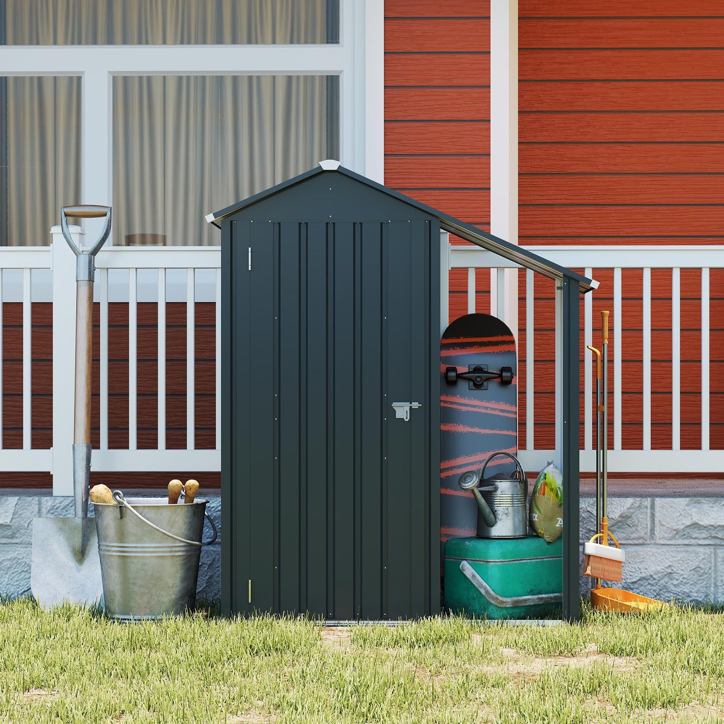 YOPTO Storage Shed,Iron 2-in-1 Storage Cabinet with A Solid Lock System and Sloped Roof,Outdoor Firewood Shed w/Waterproof,Garden Tool House for Lawnmowers,firewood,Dark Gray