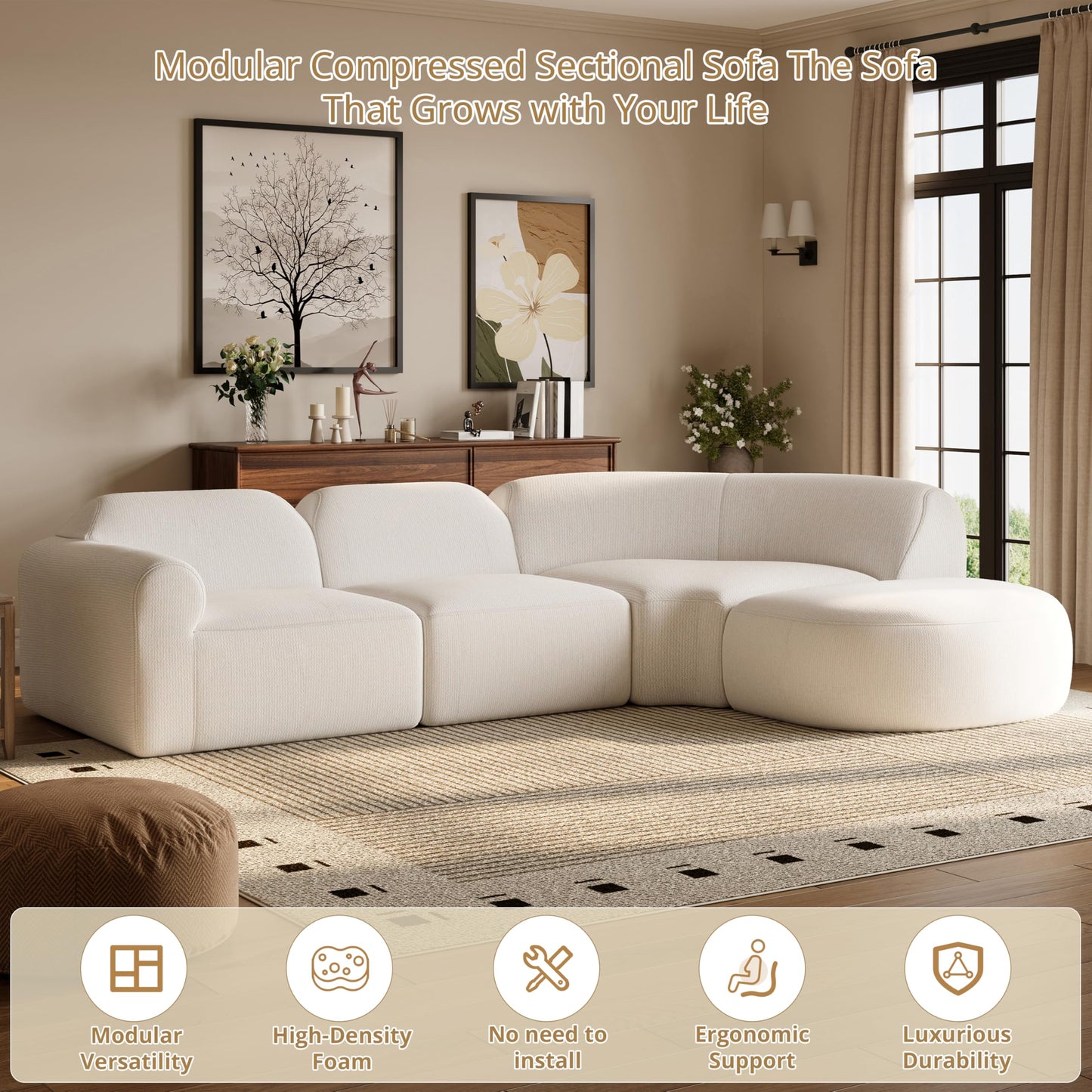 Christopher Knight Home Midel 111" Modular L-Shape Sofa Couch with Chaise Lounge, Modern Boneless Sofa for Living Room, Fabric Upholstered Cloud Couch with Deep Seat, Milky White