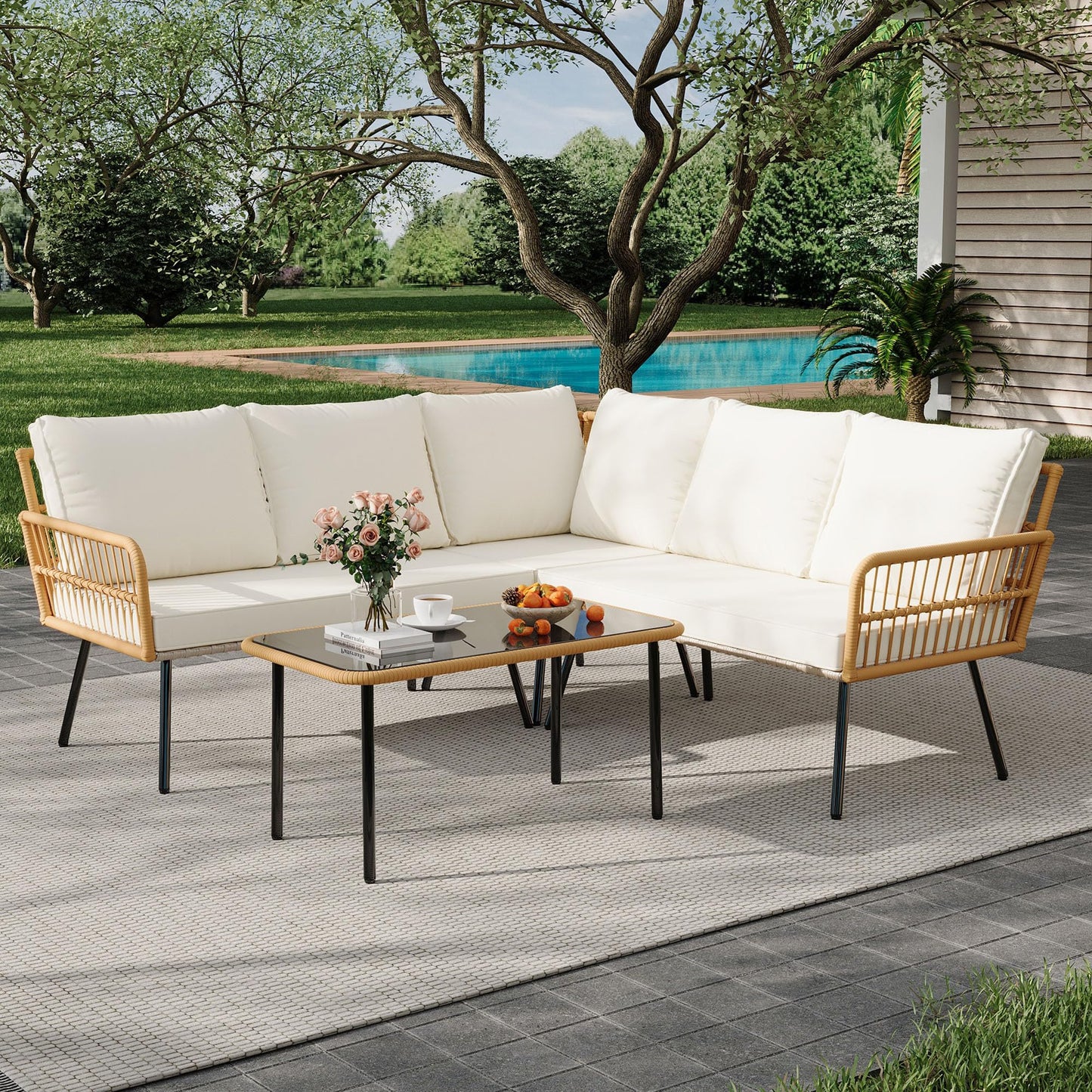 GarveeLife Wicker 4 Pieces Patio Furniture Sets Outdoor Sectional L-Shaped with Cushions & Side Table and Chairs Set, Boho Rattan 5 Seater Conversation Sets for Apartment, Bistro, Backyard,Porch,Beige