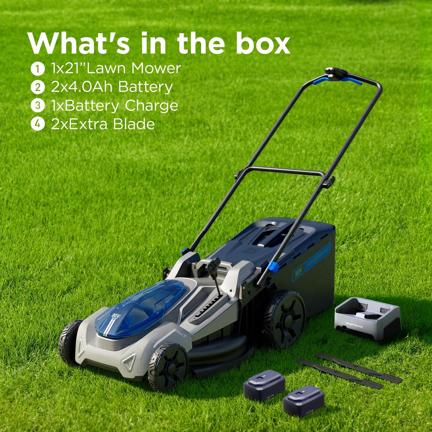 Kraftsense 21" Cordless Lawn Mower, 80V Lightweight Push Mower with 2×4.0Ah Battery & Charger, Lawn Care, Backyard Maintenance
