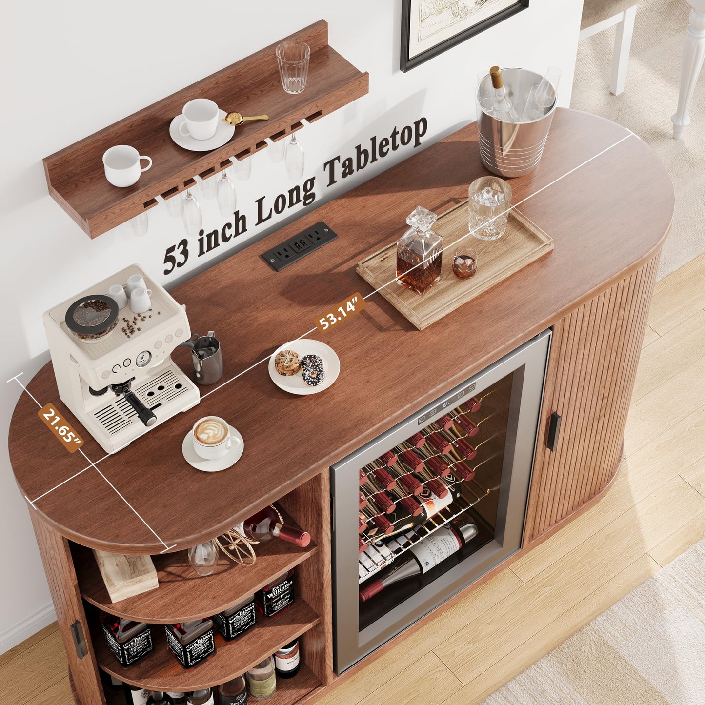 Jocoevol 53" Fluted Coffee Bar Cabinet with Sliding Doors, Wine Bar Cabinet with Charging Station & Holder, Modern Liquor Whiskey Buffet Sideboard for Dining Room, Living Room, Kitchen（Walnut）