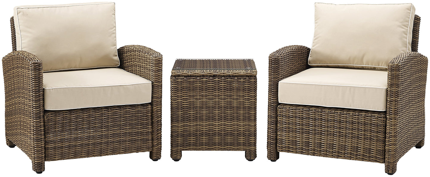 Crosley Furniture Bradenton 3-Piece Outdoor Chair and Side Table Set, Wicker Patio Conversation Sets, Brown with Sand Cushions