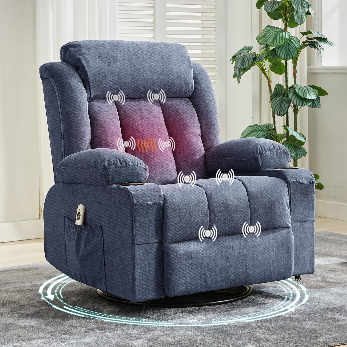 PeacefulHues Large Recliner Chair with Massage & Heat, Comfy Sofa Chair with 3 Positions, Side & Front Pockets, 2 Cup Holders for Living Room, Bedroom, Office, Lounge Area, Gray