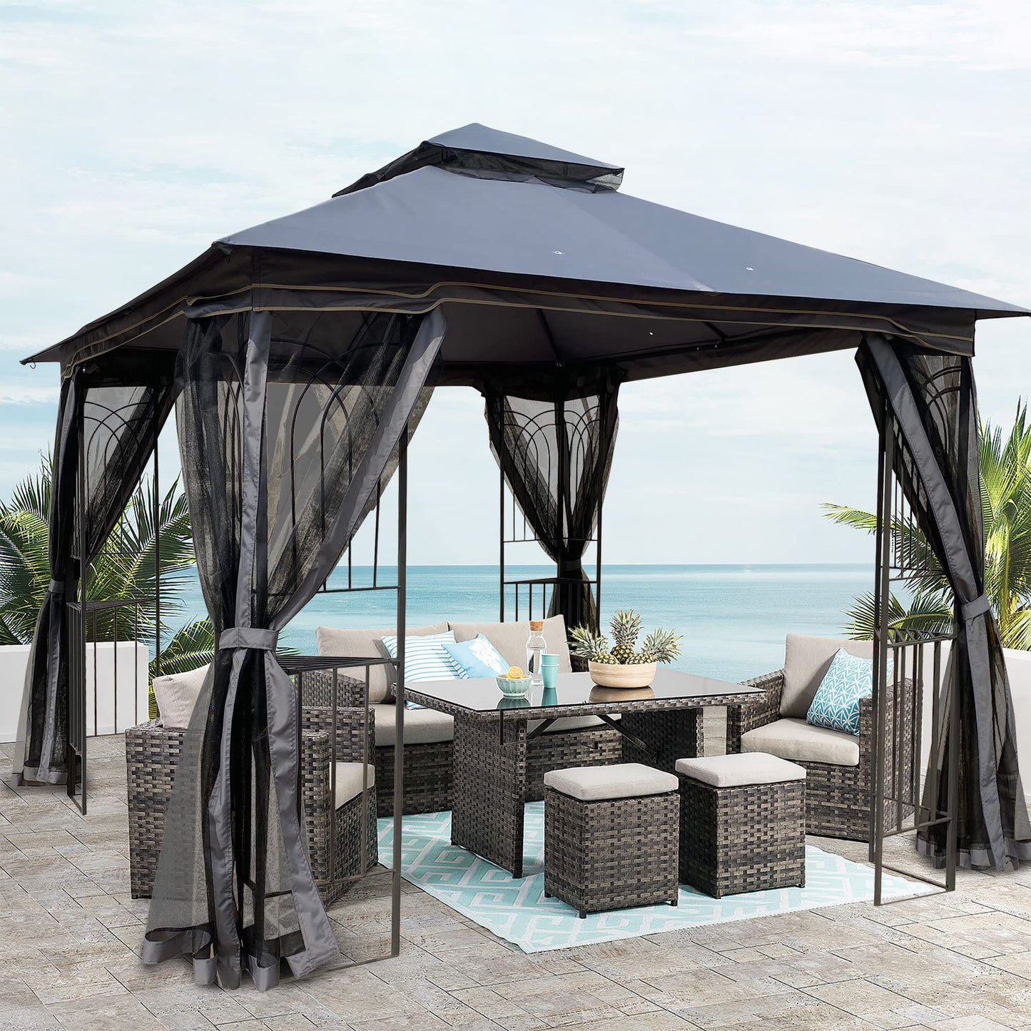 YOPTO 10x10 FT Patio Steel Gazebo,Canopy Tent wiht Ventilated Double Roof and Mosquito Net,(Detachable Mesh Screen On All Sides),Waterproof Garden Pergola for Backyard,Swimming Pool,Gray